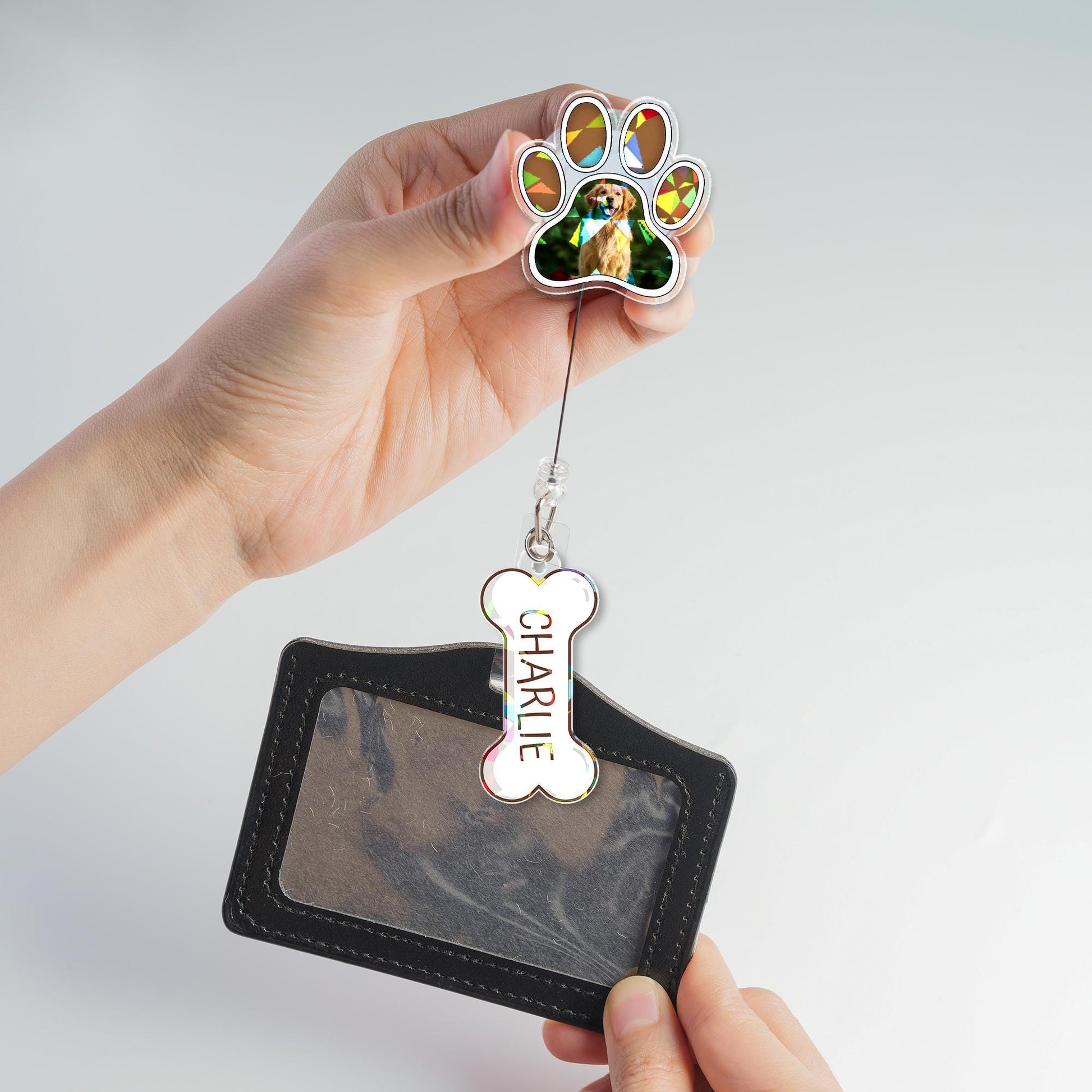 Personalized Dog Hologram Badge Reel, Custom Pet Photo Paw Print ID Holder, Nurse Gift, Vet Tech Office Badge Reel, Retractable Name Tag