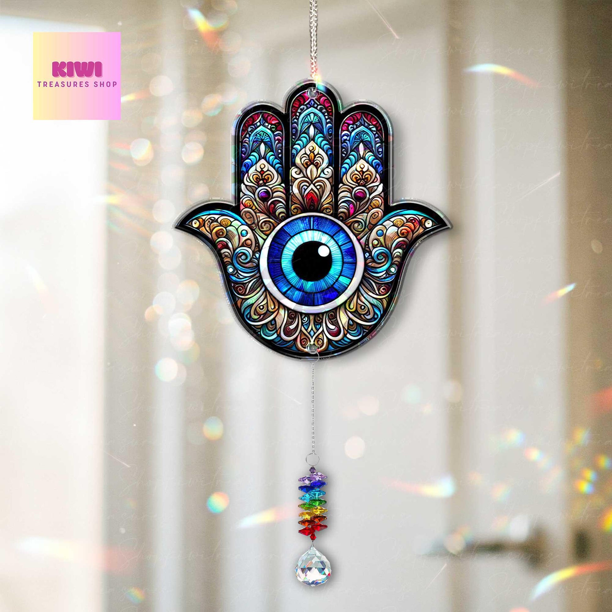 Hamsa Suncatcher Gift for Spiritual Mom – Holographic Window Charm with Crystals – Mother's Day Gift for Chakra & Energy Healing Moms