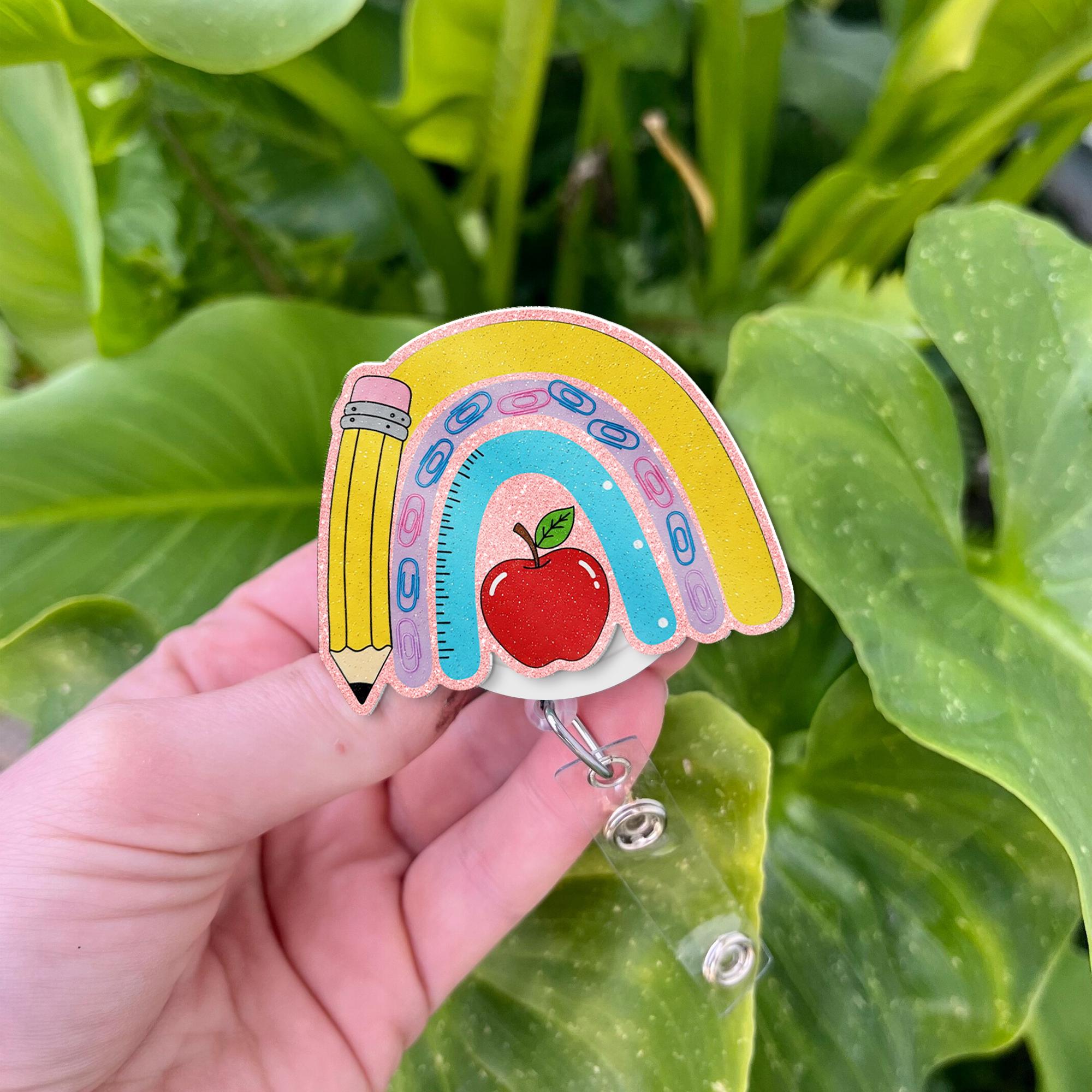 Rainbow Teacher Badge Reel, Teacher Badge Reel, Boho Rainbow Teacher Glitter ID Holder, Teacher Appreciation Badge Reel, Gift for Teacher