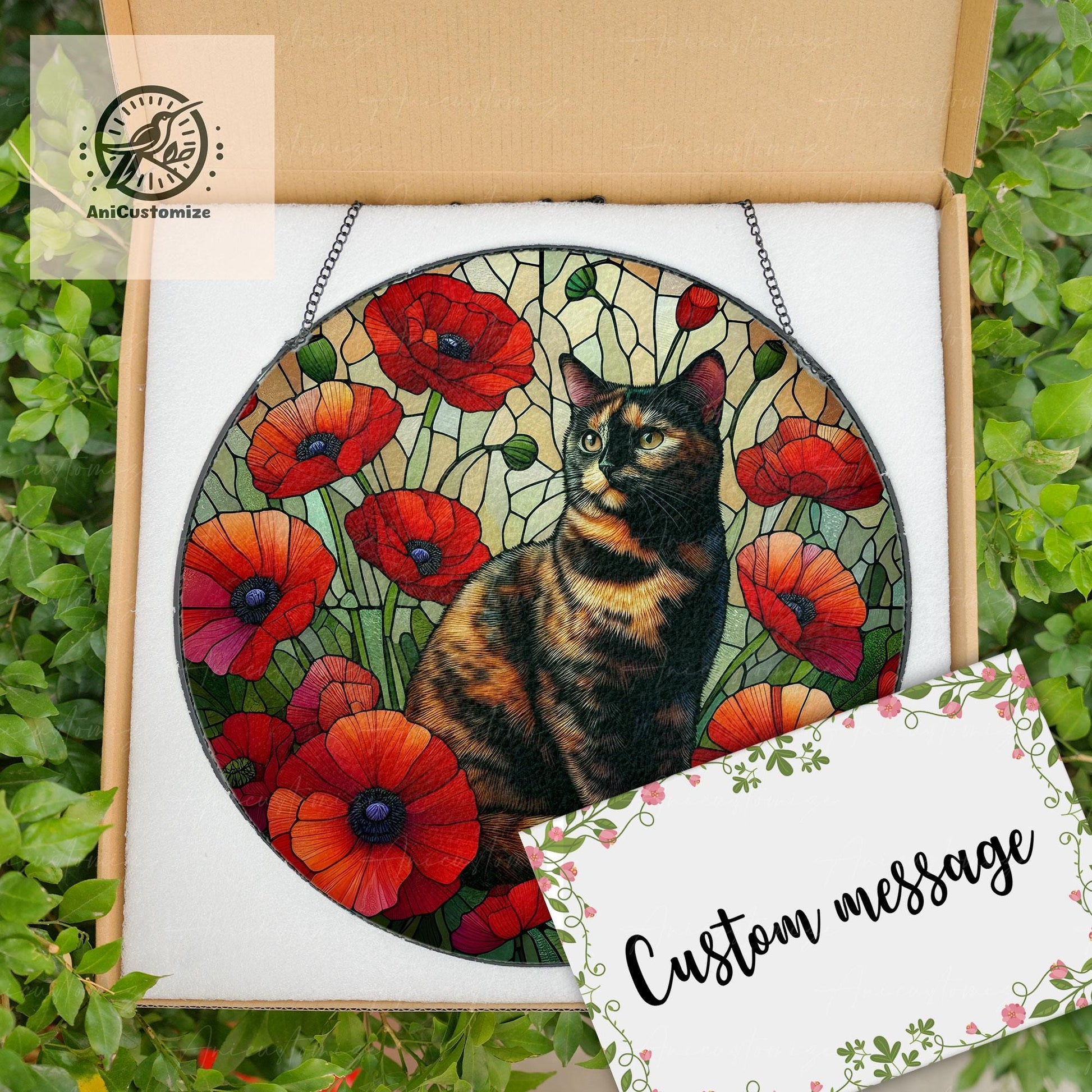 Tortoiseshell Cat Among Poppy Flower GLASS, Cat Decor, Cat Lover, Cat Mom Gift, Cat Memorial, Mother's Day Gift