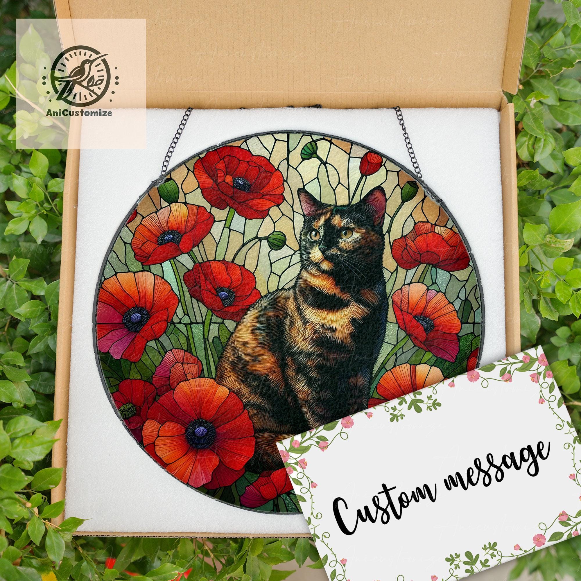 Tortoiseshell Cat Among Poppy Flower GLASS, Cat Decor, Cat Lover, Cat Mom Gift, Cat Memorial, Mother's Day Gift