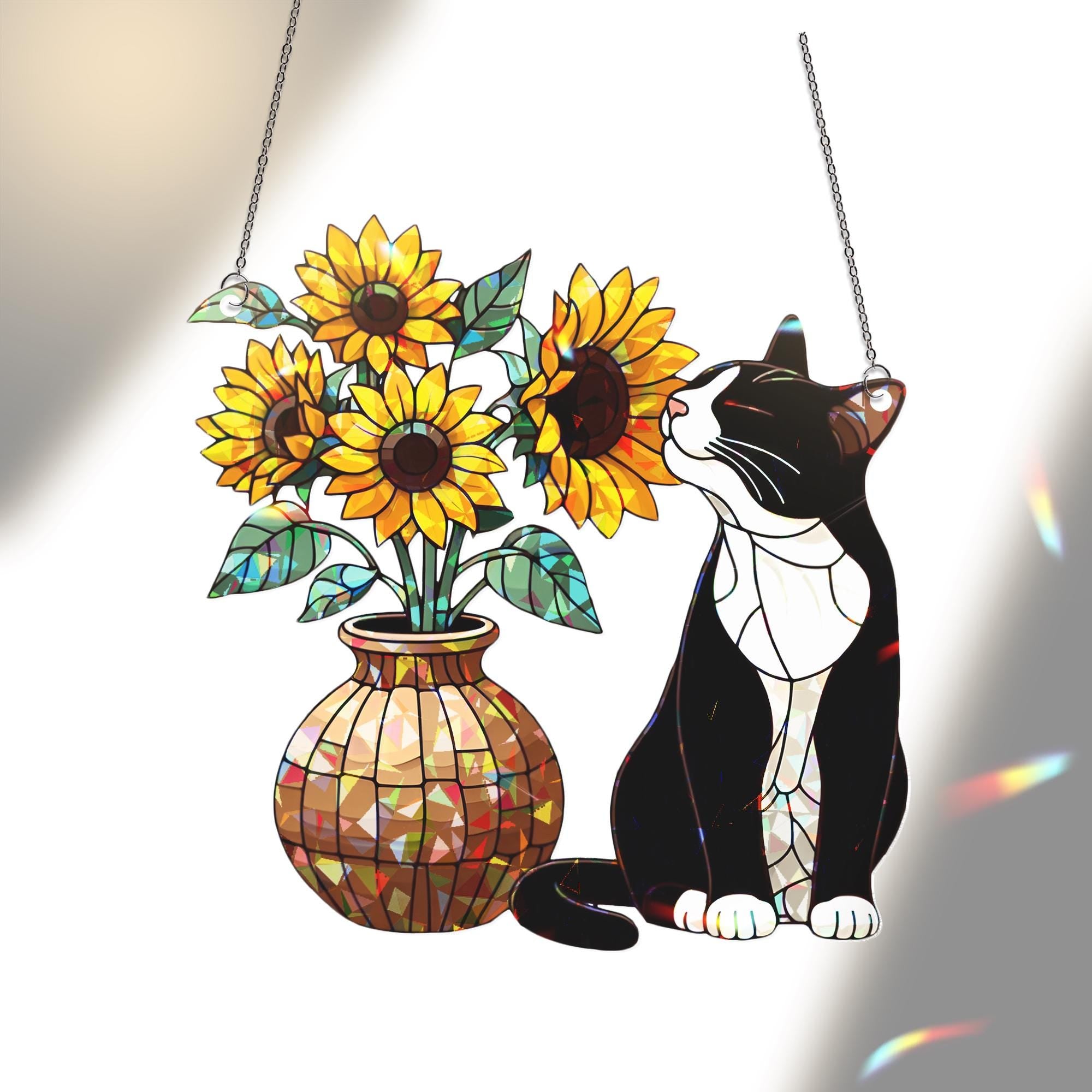 Tuxedo With Sunflower Hologram Acrylic Window Decor, Tuxedo Mom Decor, Cat Mom Gift, Mothers Day 2025 Gift For Cat Mama, Cat Mama