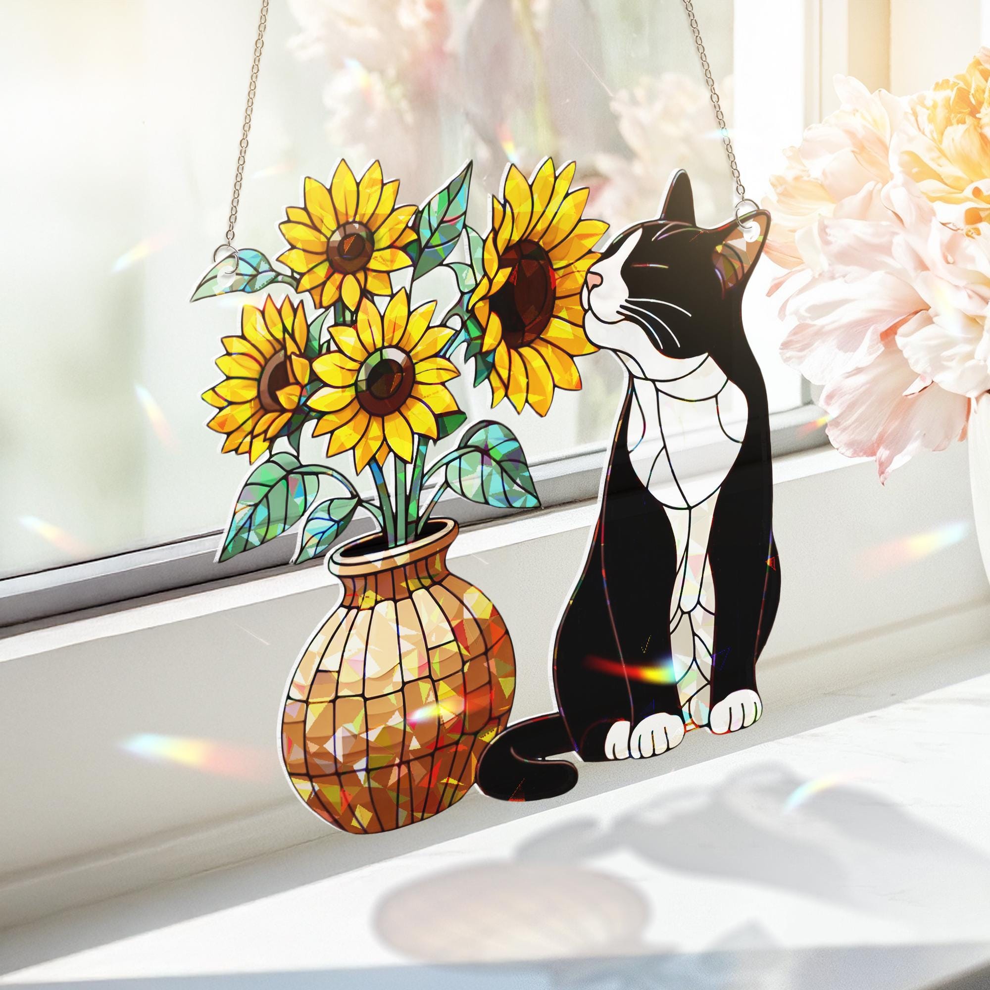 Tuxedo With Sunflower Hologram Acrylic Window Decor, Tuxedo Mom Decor, Cat Mom Gift, Mothers Day 2025 Gift For Cat Mama, Cat Mama