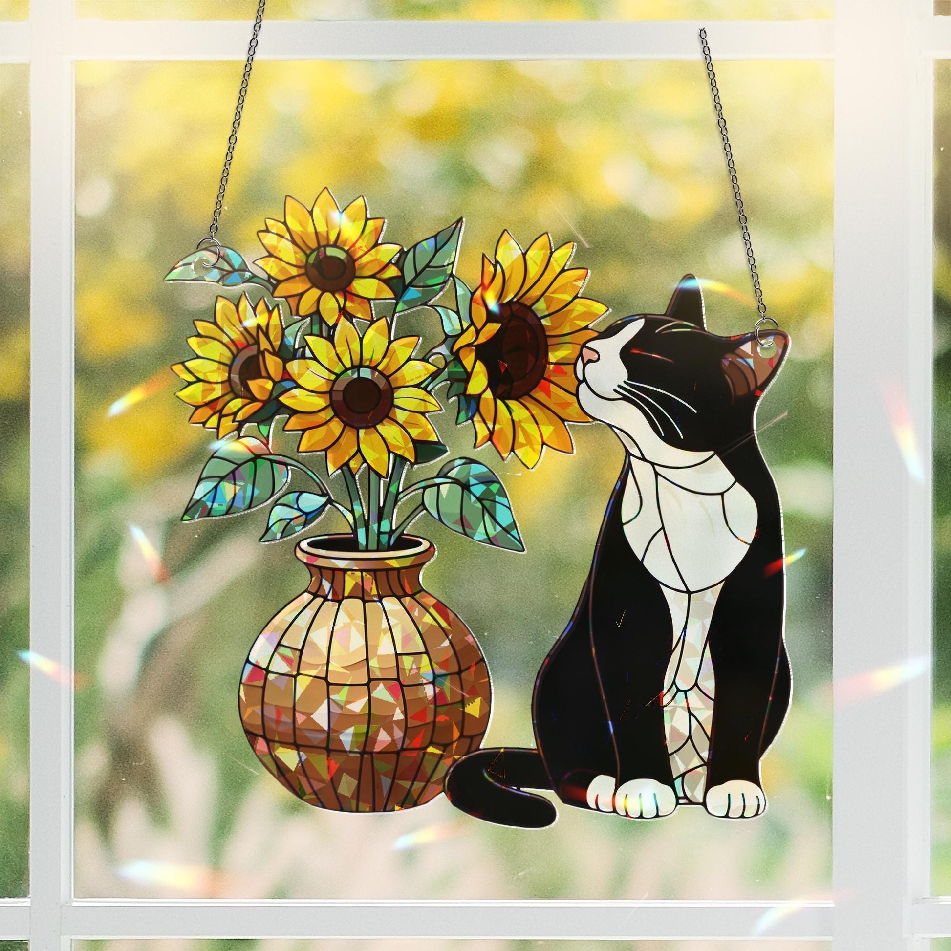 Tuxedo With Sunflower Hologram Acrylic Window Decor, Tuxedo Mom Decor, Cat Mom Gift, Mothers Day 2025 Gift For Cat Mama, Cat Mama