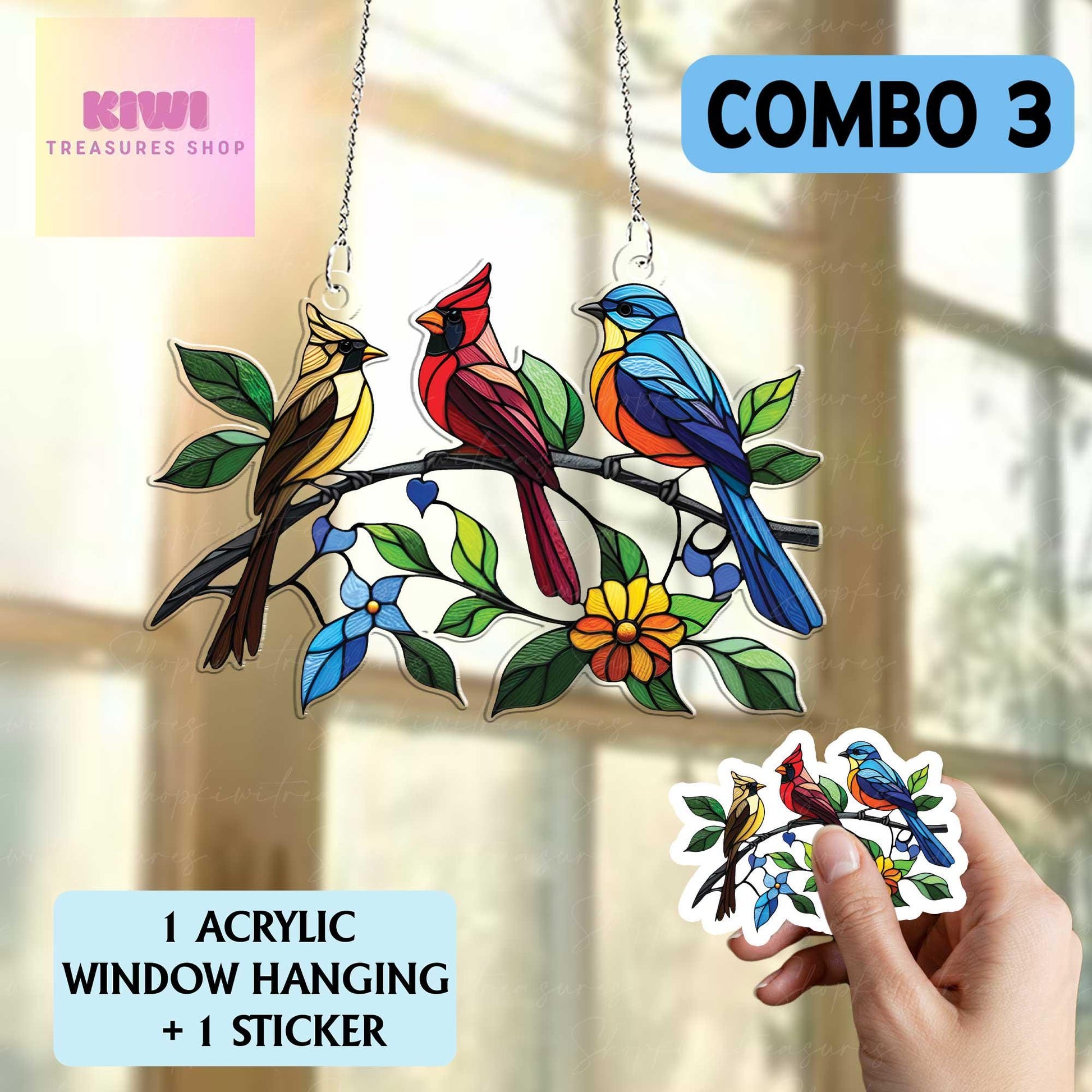 Birds on branch Acrylic Window Hanging, Bird lovers gift, Bird Nerds, Mothers day gift, faux stained glass, NOT SUNCATCHER