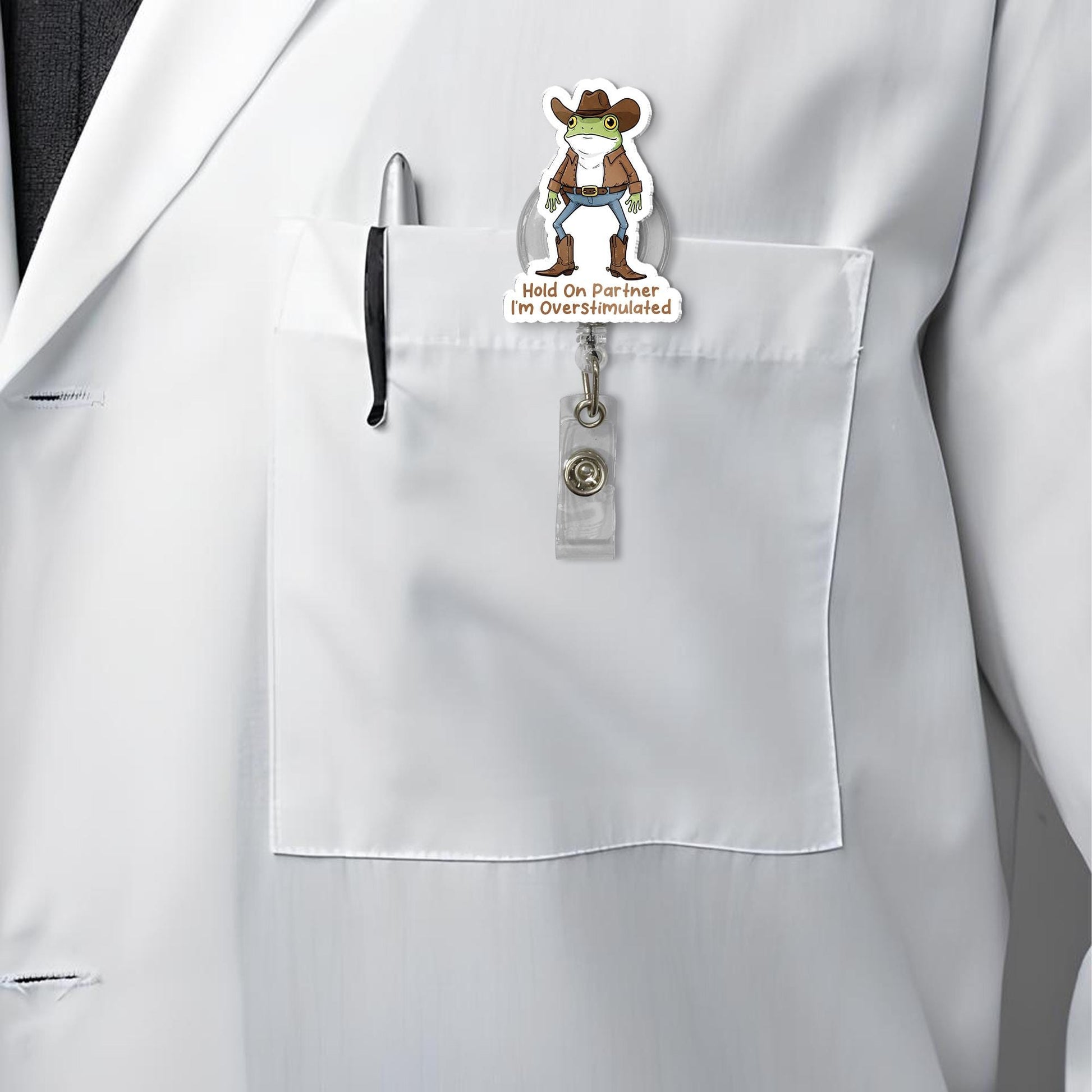 Funny Cowboy Frog Badge Reel, Cute Retractable ID Holder, Overstimulated Frog Nurse Badge, Western Frog Accessory Gift, Mental Health Gift