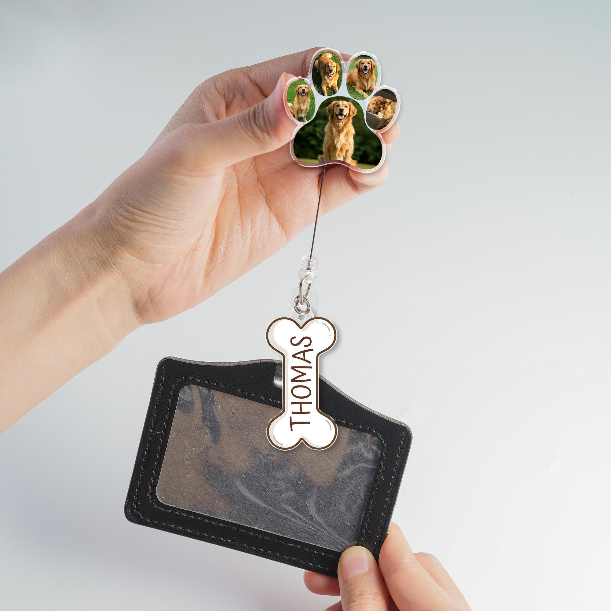 Personalized Dog Paw Badge Reel, Custom Pet Photo ID Holder, Bone Name Tag, Dog Lover Gift, Pet Owner Retractable Badge Clip Accessory