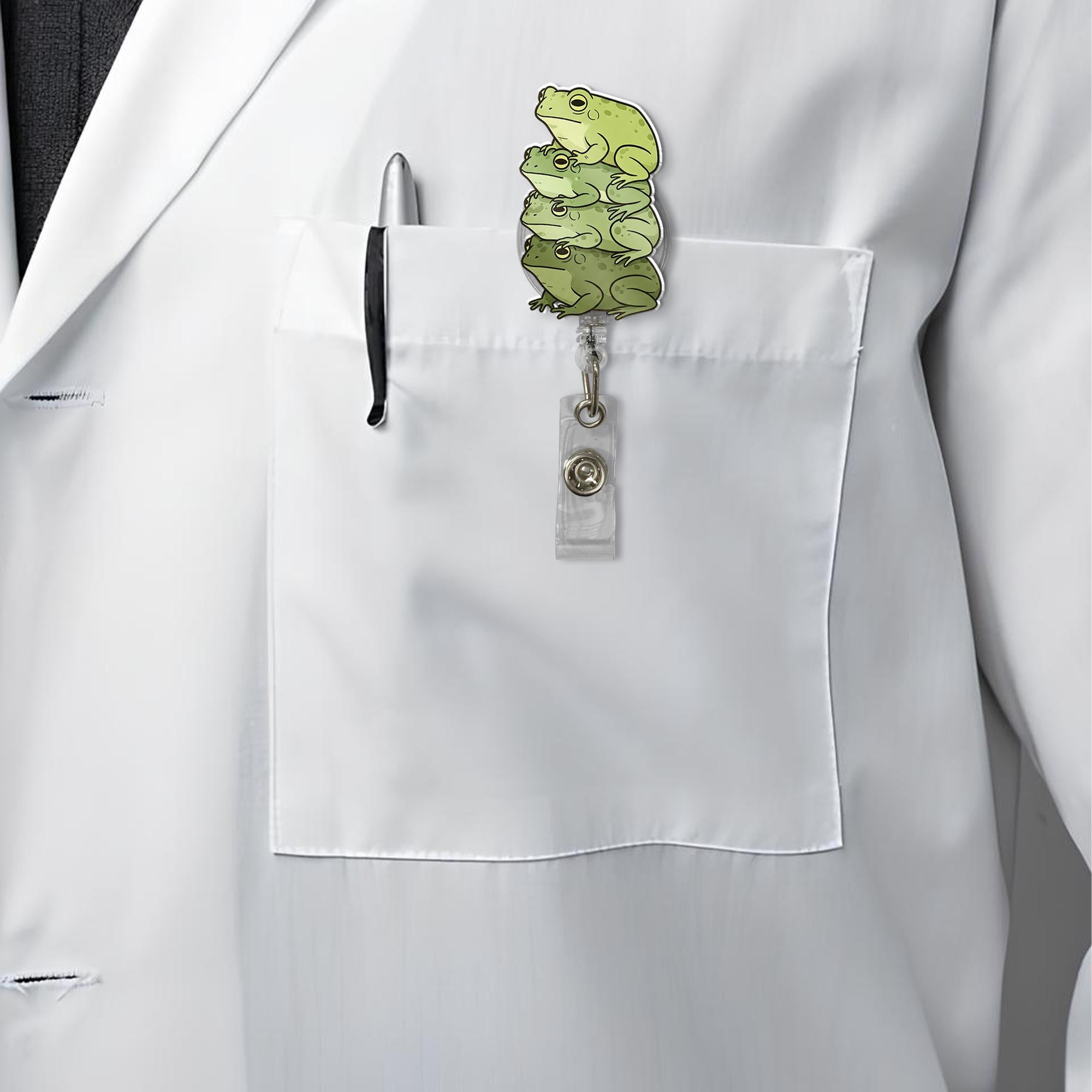 Frog Stack Badge Reel, Cute Funny Green Frogs Retractable ID Holder for Nurse, Teacher Medical Office Gift, Whimsical Animal Accessory