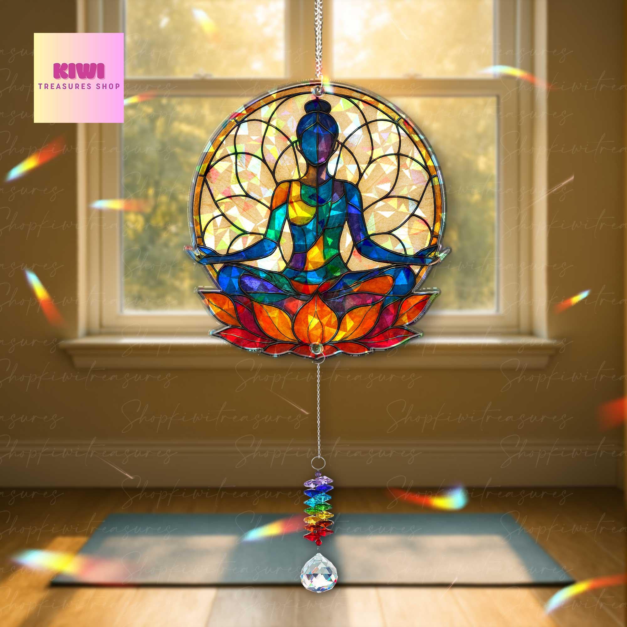 Yoga Mom Suncatcher – Holographic Chakra Lotus Window Decor with Crystal Charm – Mother's Day Gift for Meditation & Zen Moms