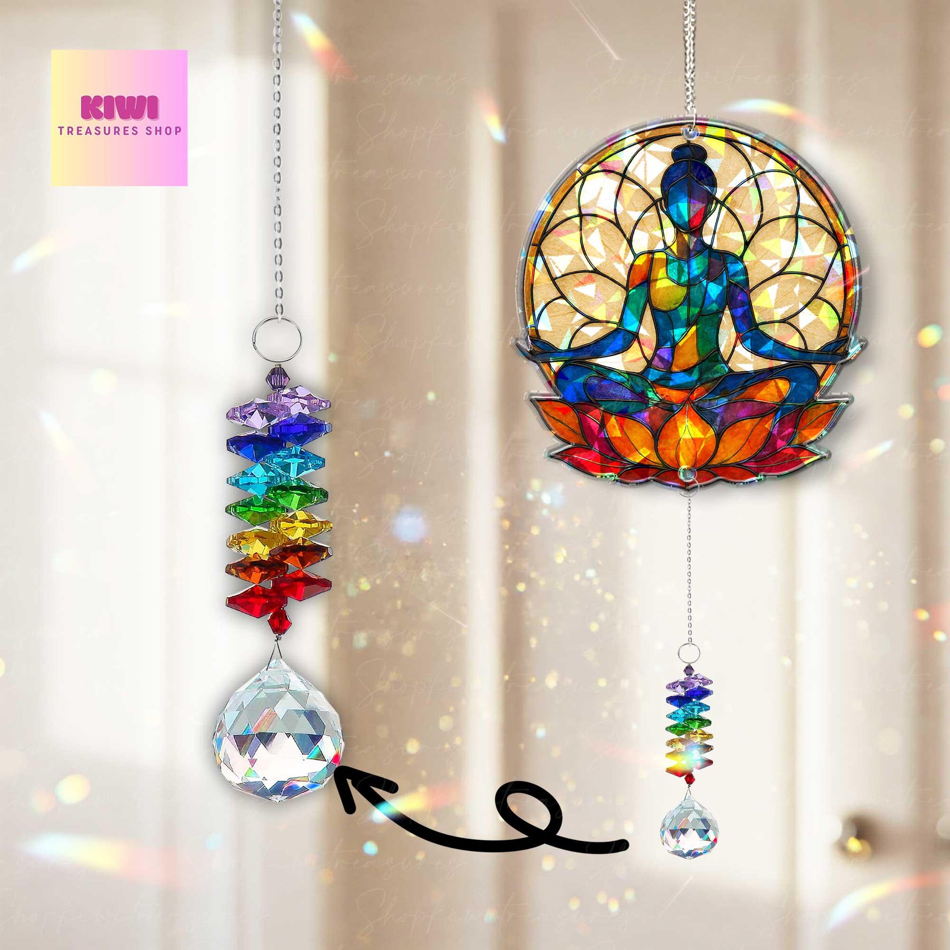 Yoga Mom Suncatcher – Holographic Chakra Lotus Window Decor with Crystal Charm – Mother's Day Gift for Meditation & Zen Moms