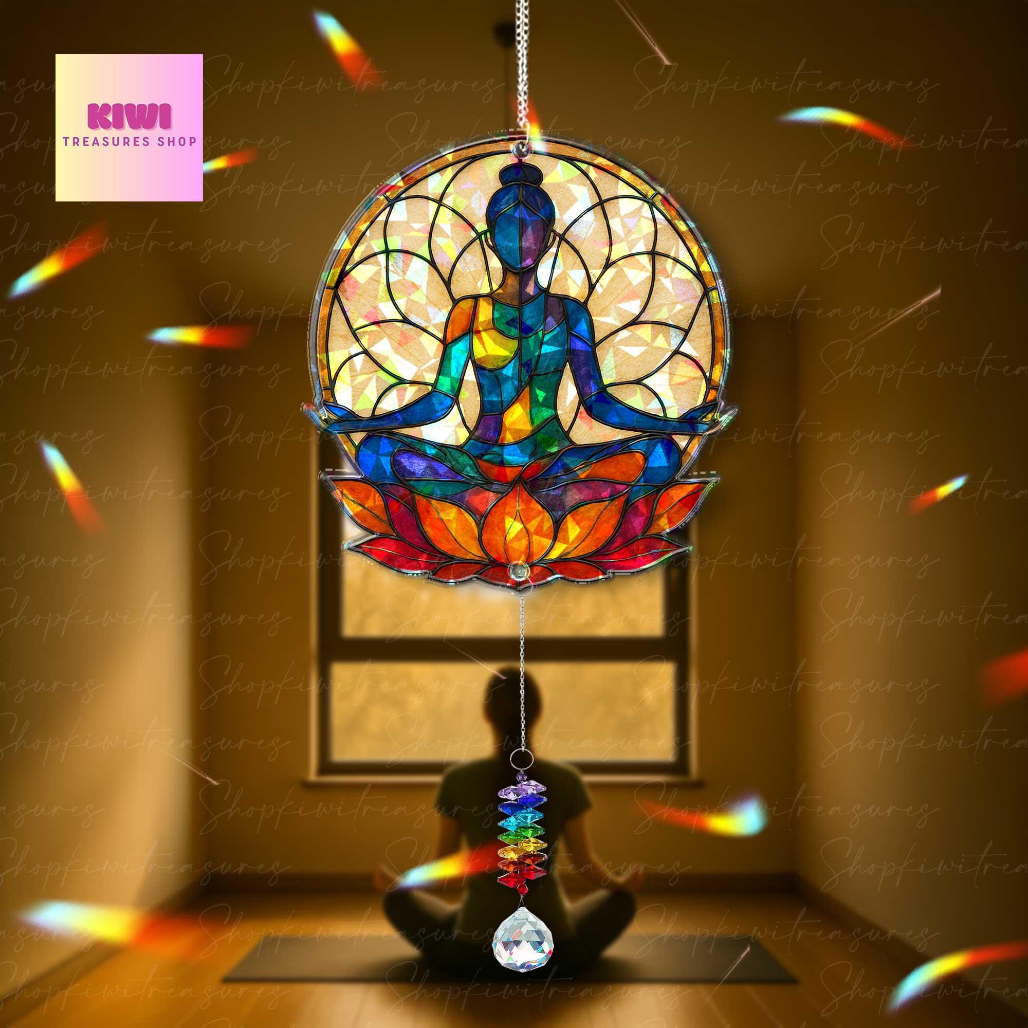 Yoga Mom Suncatcher – Holographic Chakra Lotus Window Decor with Crystal Charm – Mother's Day Gift for Meditation & Zen Moms