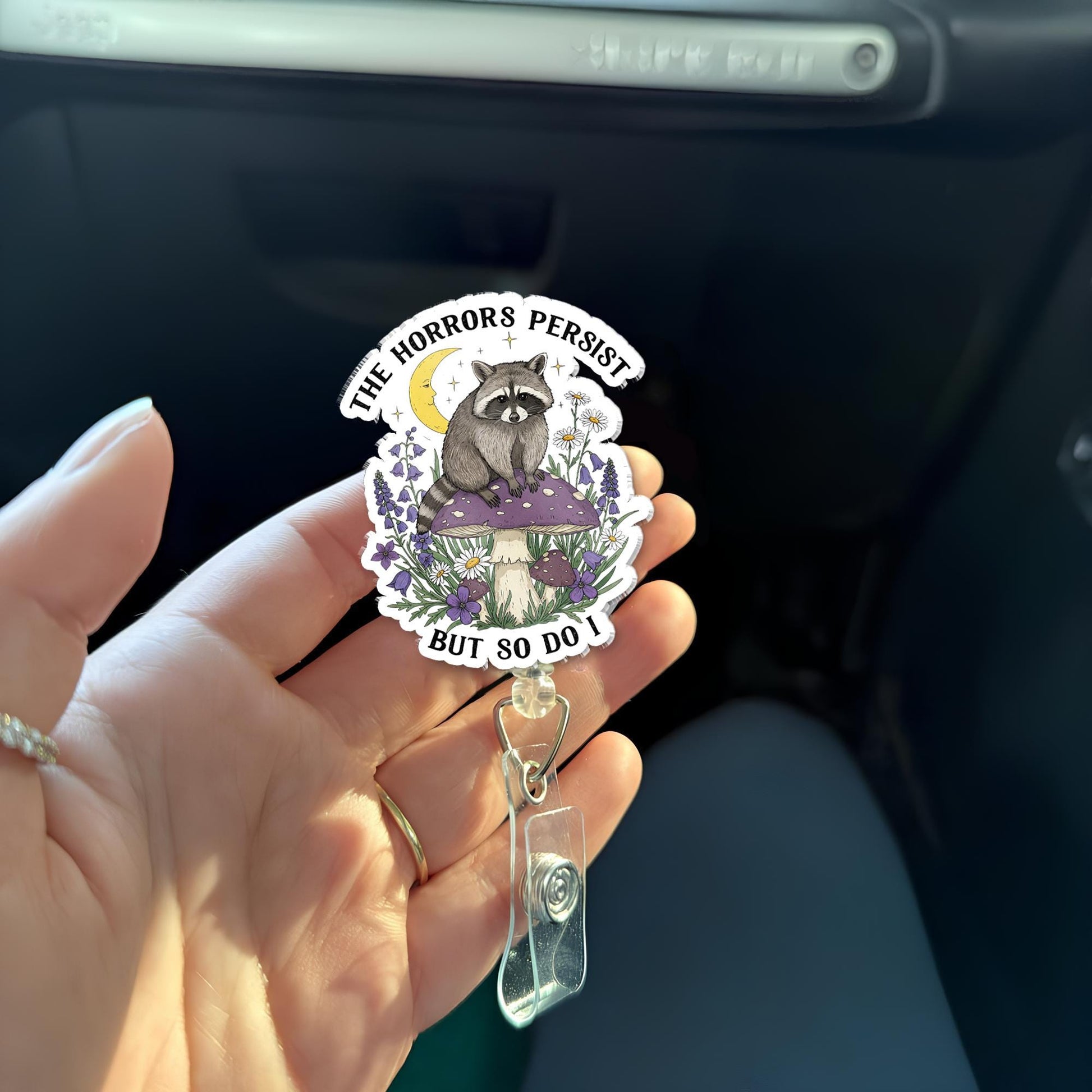 The Horrors Persist But So Do I Raccoon Badge Reel - Funny Vintage Mushroom ID Holder, Cute Gift For Nurse, Teacher, Healthcare Worker