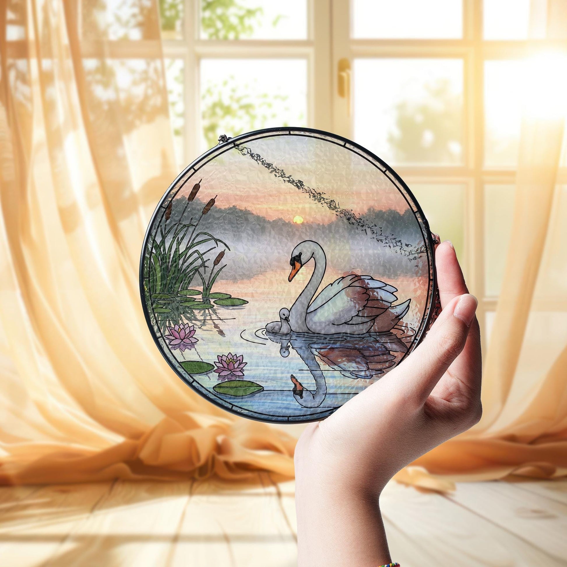 Swan Glass Suncatcher Gift for Mom – Elegant Window Decor for Mother's Day – Nature Scene Glass Ornament for Her