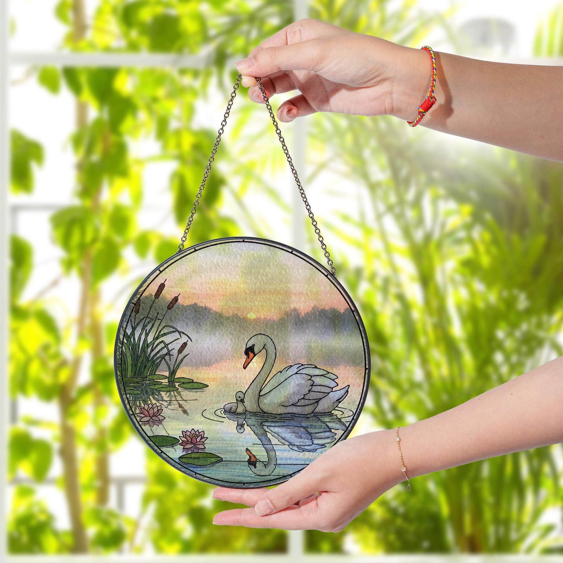 Swan Glass Suncatcher Gift for Mom – Elegant Window Decor for Mother's Day – Nature Scene Glass Ornament for Her