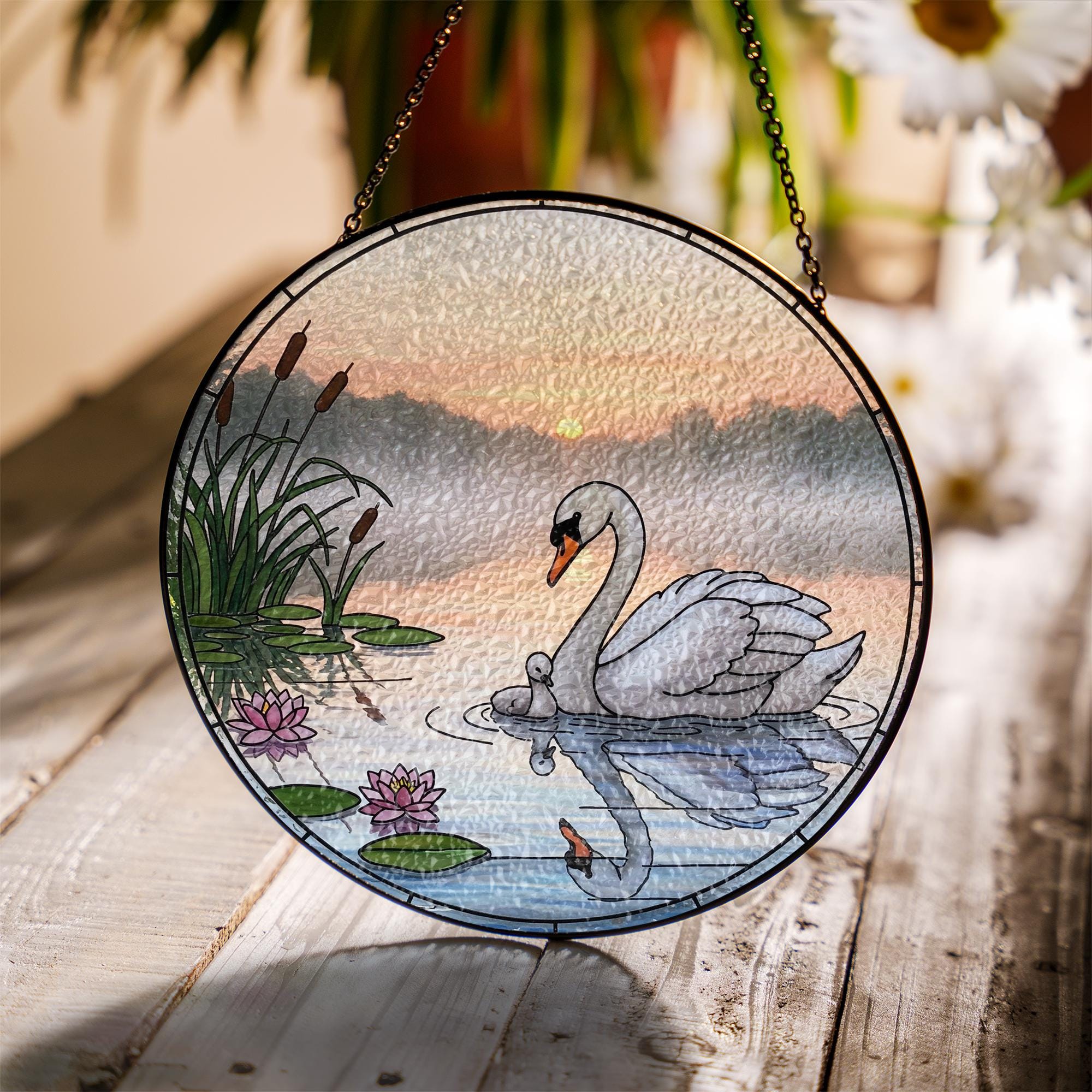 Swan Glass Suncatcher Gift for Mom – Elegant Window Decor for Mother's Day – Nature Scene Glass Ornament for Her