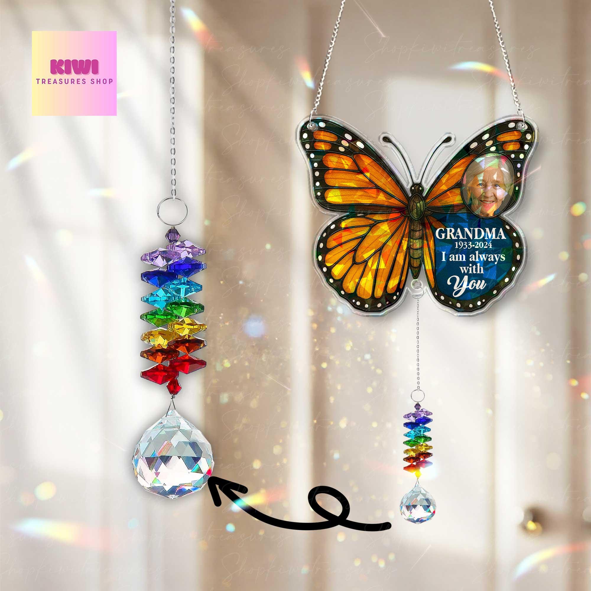 Custom Memorial Butterfly Holographic Suncatcher with Crystal Charm – In Memory of Grandma – Mother’s Day Remembrance Gift