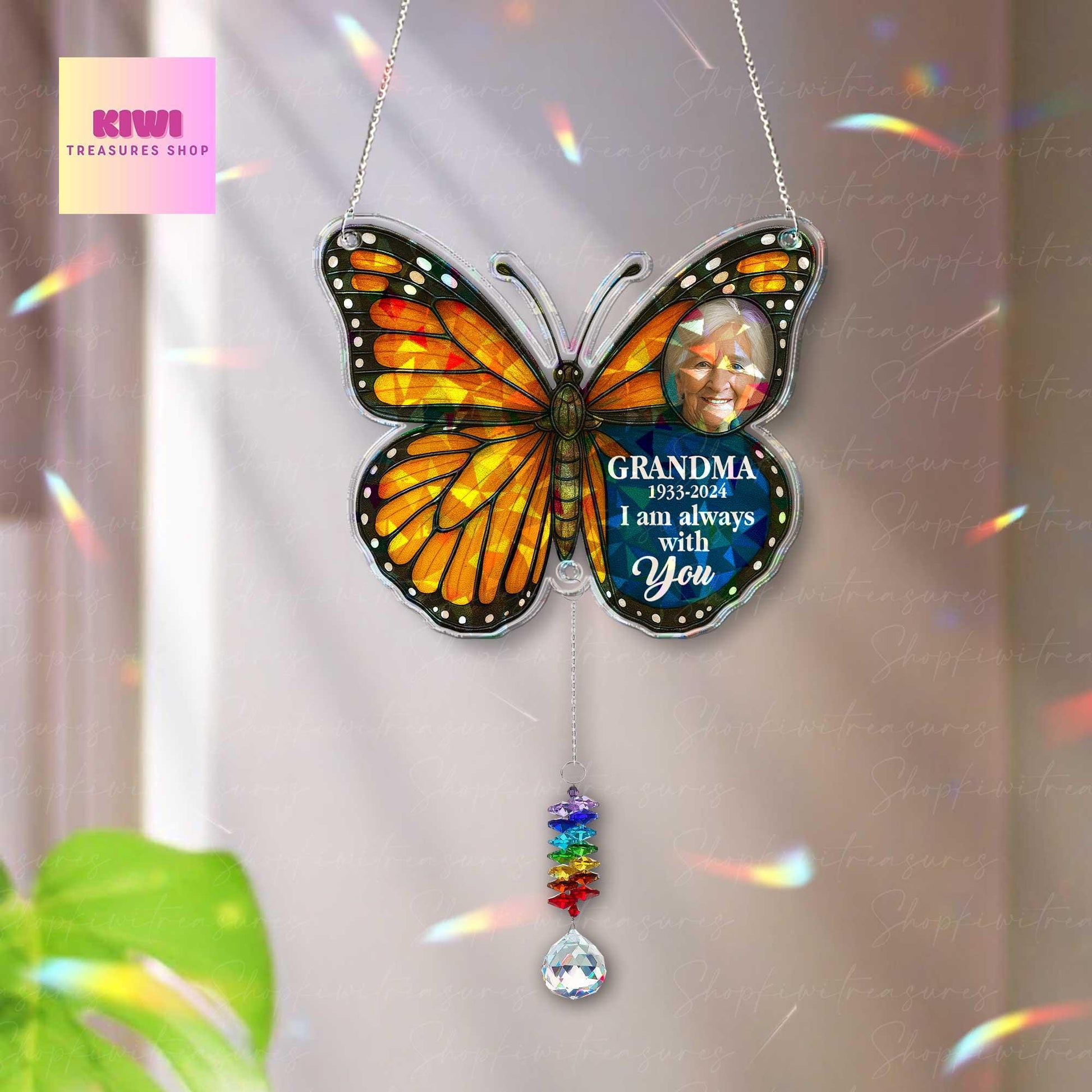 Custom Memorial Butterfly Holographic Suncatcher with Crystal Charm – In Memory of Grandma – Mother’s Day Remembrance Gift