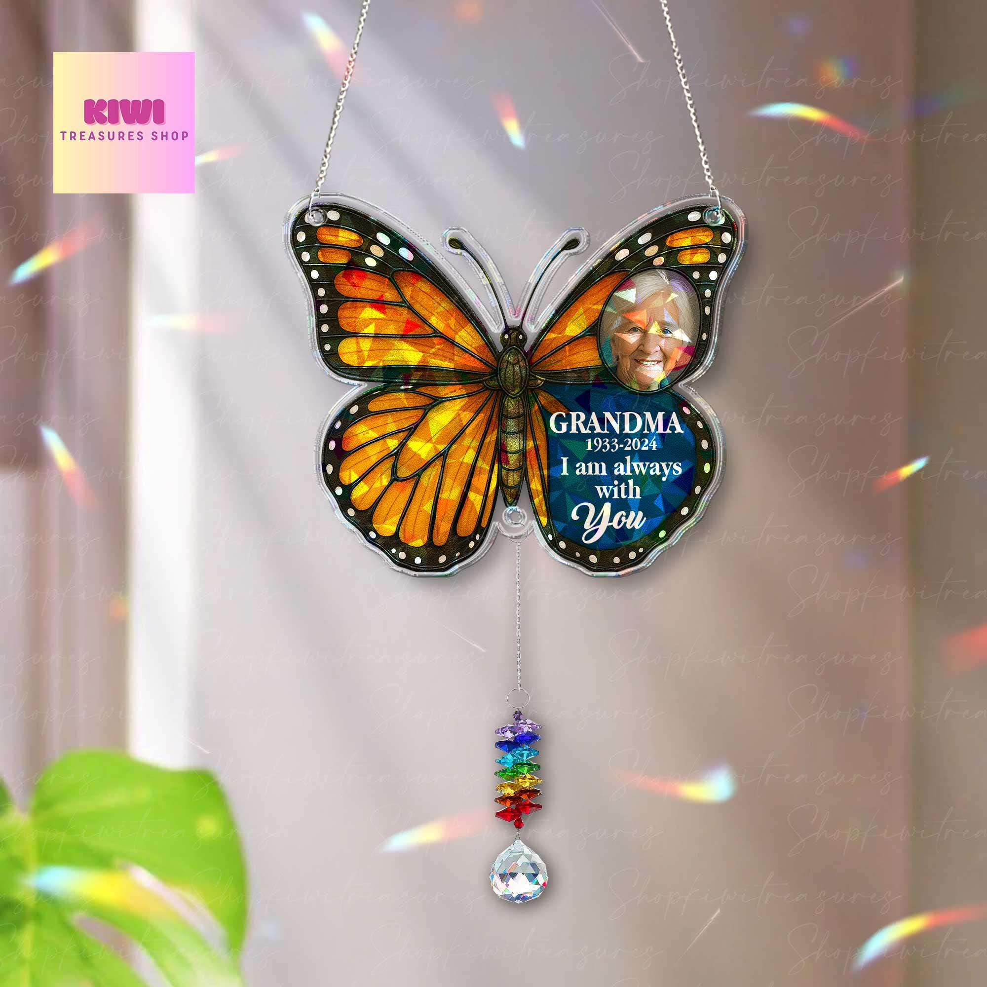 Custom Memorial Butterfly Holographic Suncatcher with Crystal Charm – In Memory of Grandma – Mother’s Day Remembrance Gift