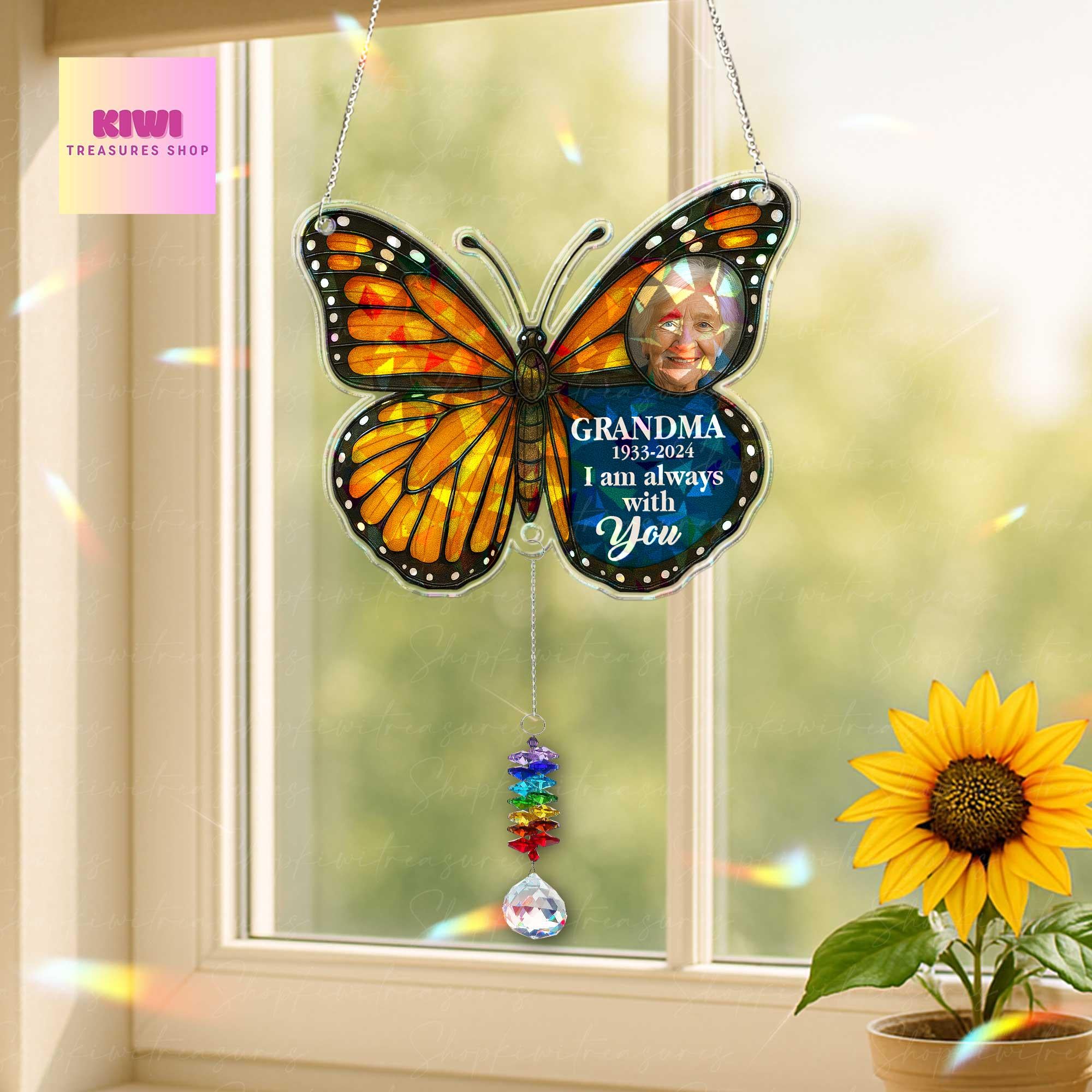 Custom Memorial Butterfly Holographic Suncatcher with Crystal Charm – In Memory of Grandma – Mother’s Day Remembrance Gift