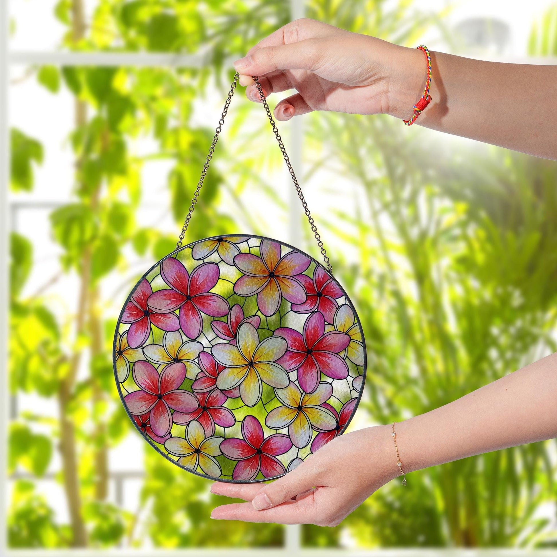 Plumeria Flower Glass Suncatcher, Round Window Hanging Decor, Gift for Mom, Mother's Day Gift, Floral Sun Catcher, Plumeria Lover Decor
