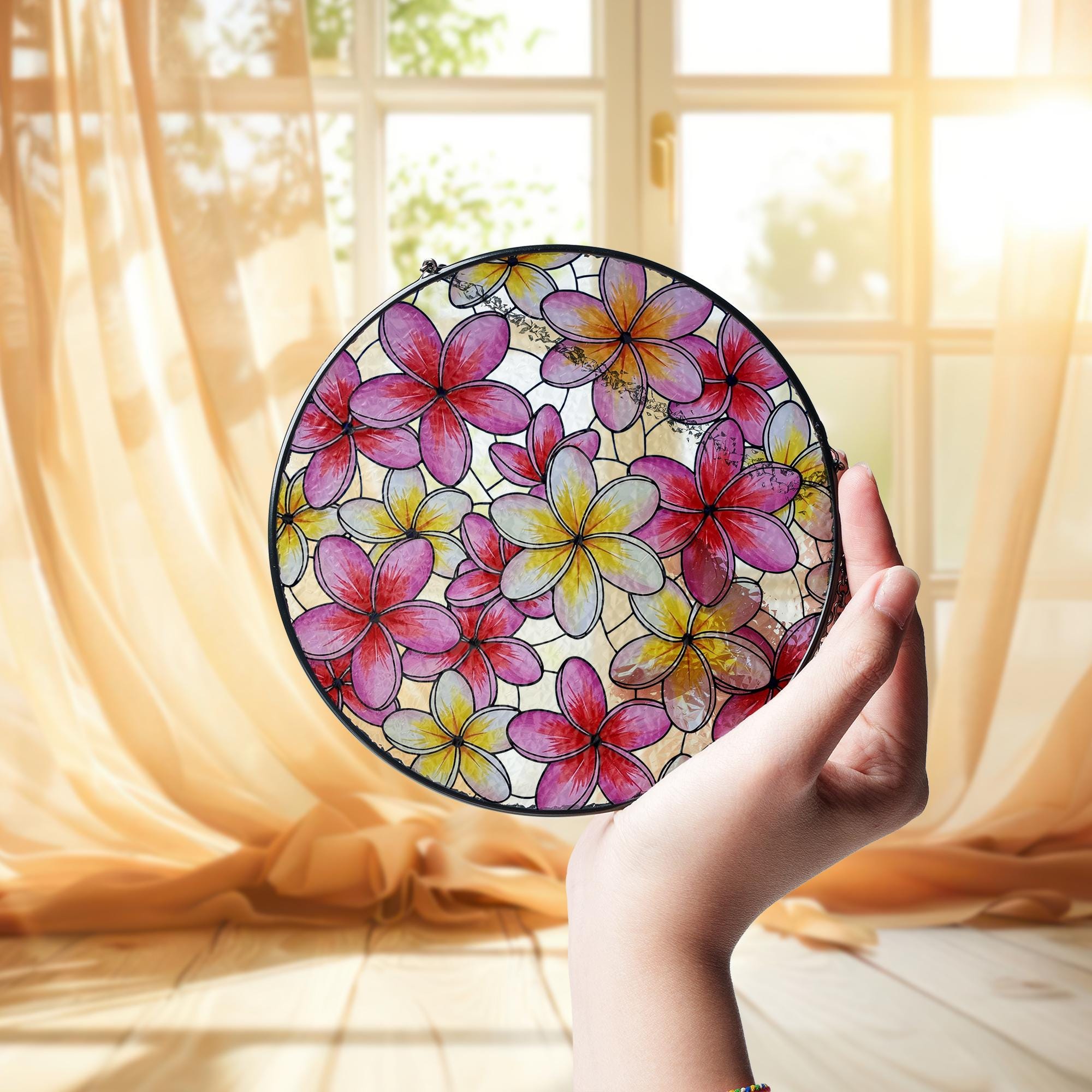 Plumeria Flower Glass Suncatcher, Round Window Hanging Decor, Gift for Mom, Mother's Day Gift, Floral Sun Catcher, Plumeria Lover Decor