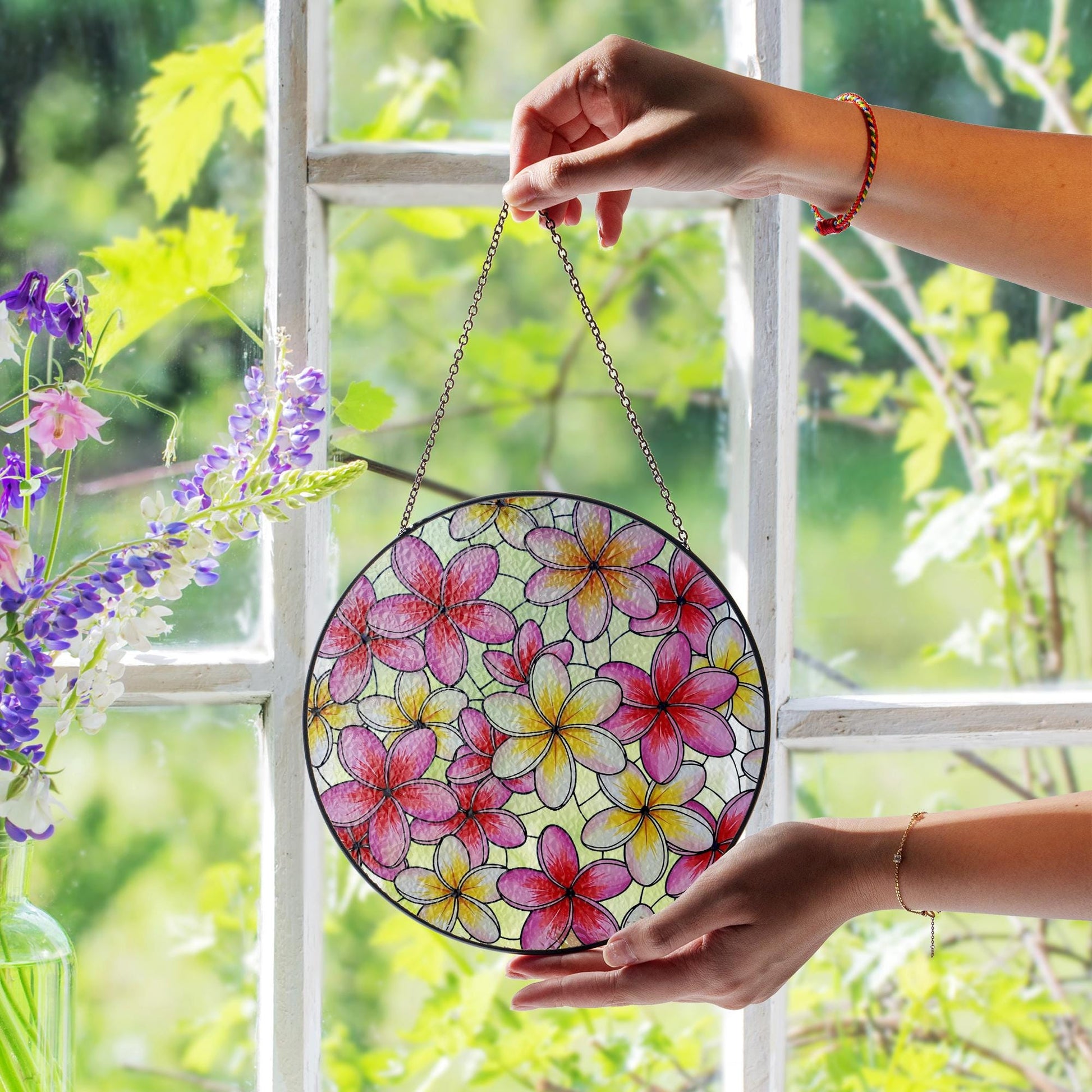 Plumeria Flower Glass Suncatcher, Round Window Hanging Decor, Gift for Mom, Mother's Day Gift, Floral Sun Catcher, Plumeria Lover Decor