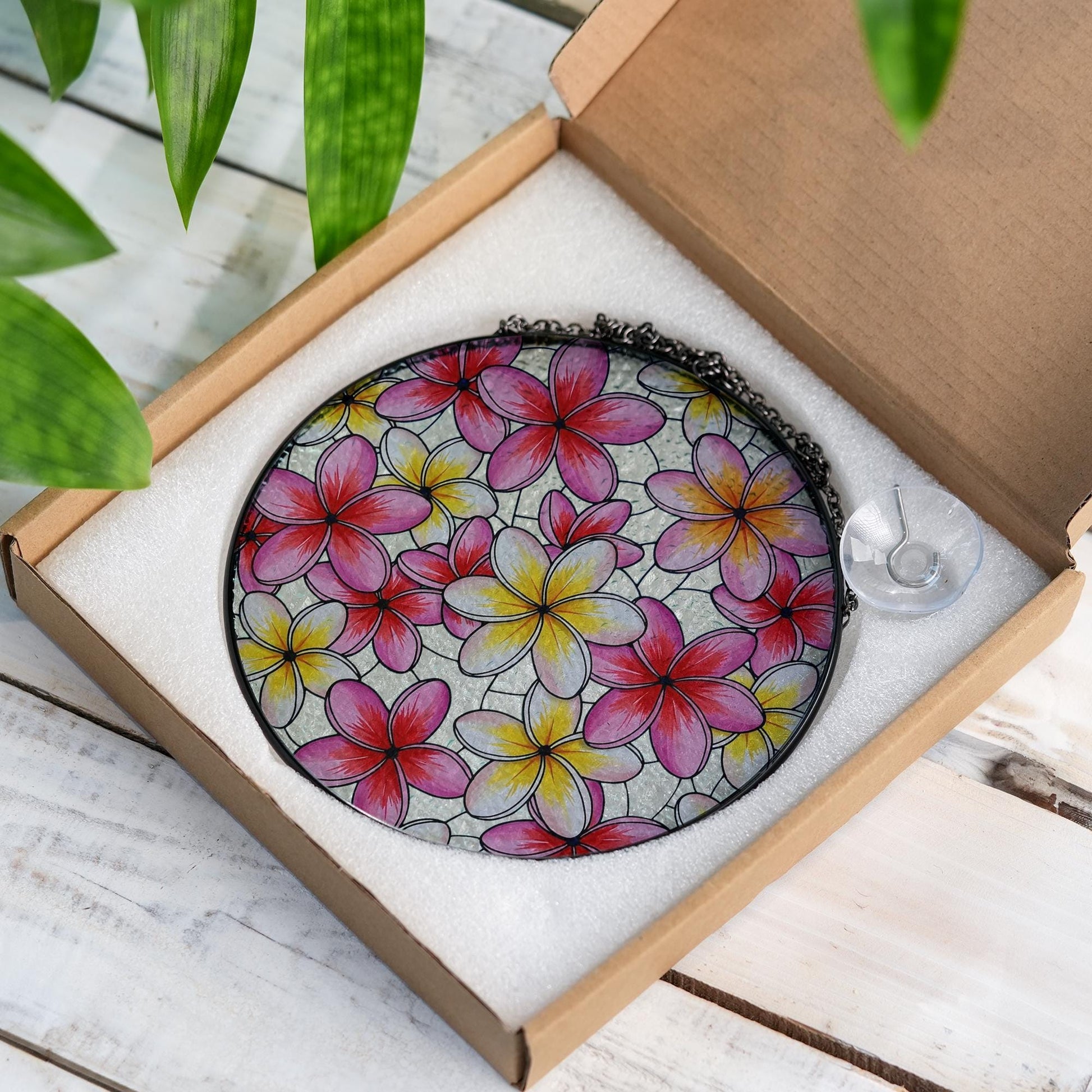 Plumeria Flower Glass Suncatcher, Round Window Hanging Decor, Gift for Mom, Mother's Day Gift, Floral Sun Catcher, Plumeria Lover Decor