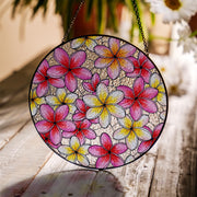 Plumeria Flower Glass Suncatcher, Round Window Hanging Decor, Gift for Mom, Mother's Day Gift, Floral Sun Catcher, Plumeria Lover Decor