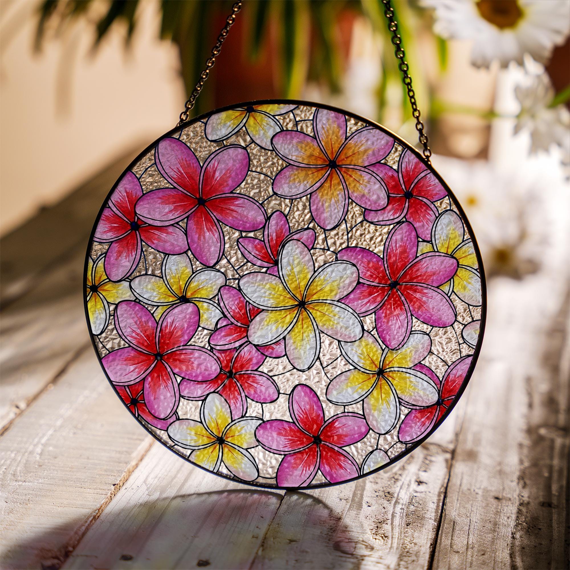Plumeria Flower Glass Suncatcher, Round Window Hanging Decor, Gift for Mom, Mother's Day Gift, Floral Sun Catcher, Plumeria Lover Decor