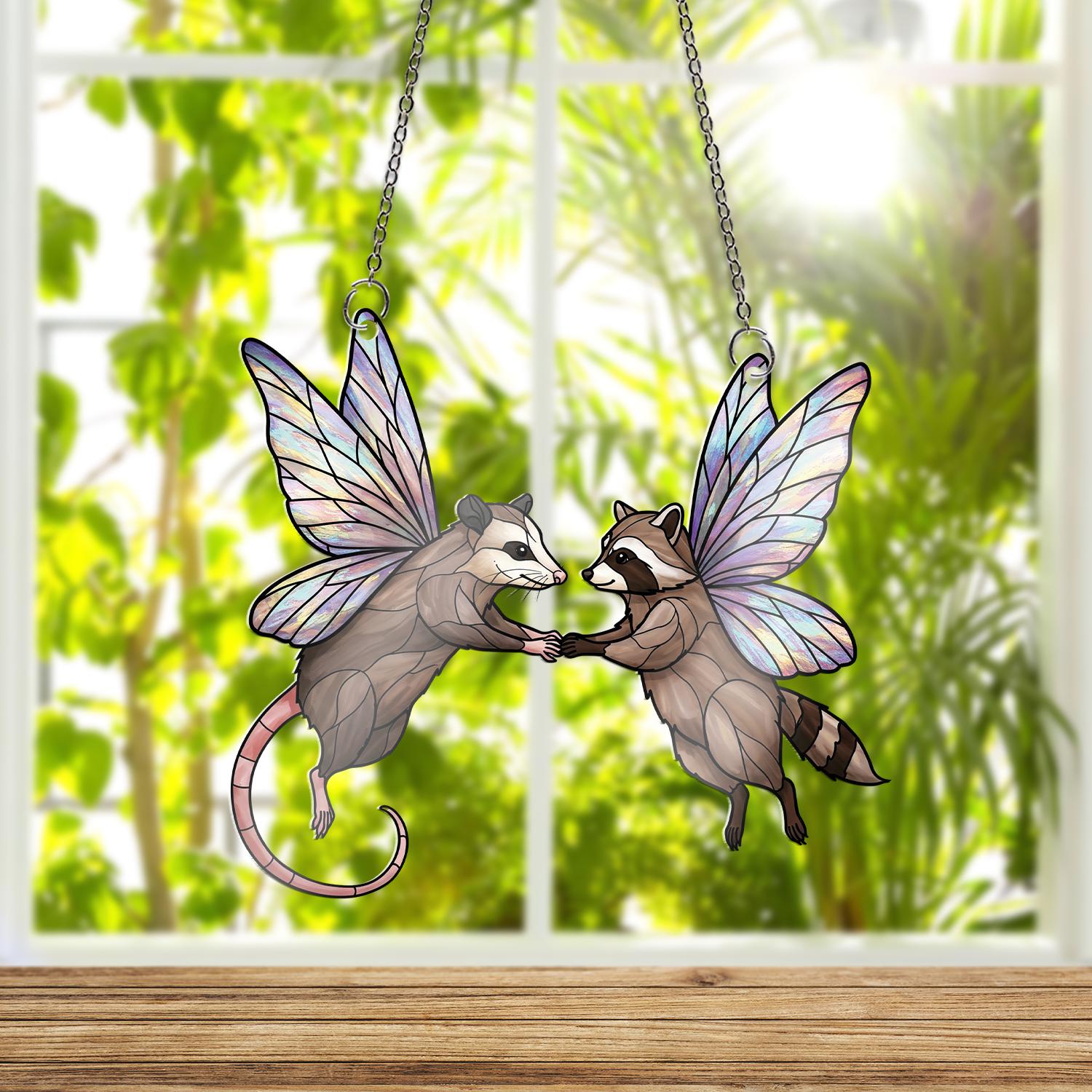Fairy Raccoon and Opossum Acrylic Window Hanging, Cute Animal Suncatcher, Fantasy Forest Decor, Whimsical Gift Idea, Funny Bestie Gift