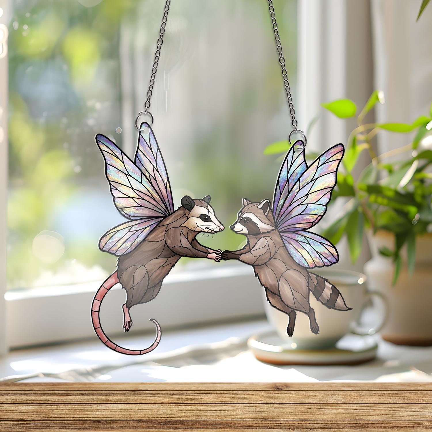 Fairy Raccoon and Opossum Acrylic Window Hanging, Cute Animal Suncatcher, Fantasy Forest Decor, Whimsical Gift Idea, Funny Bestie Gift