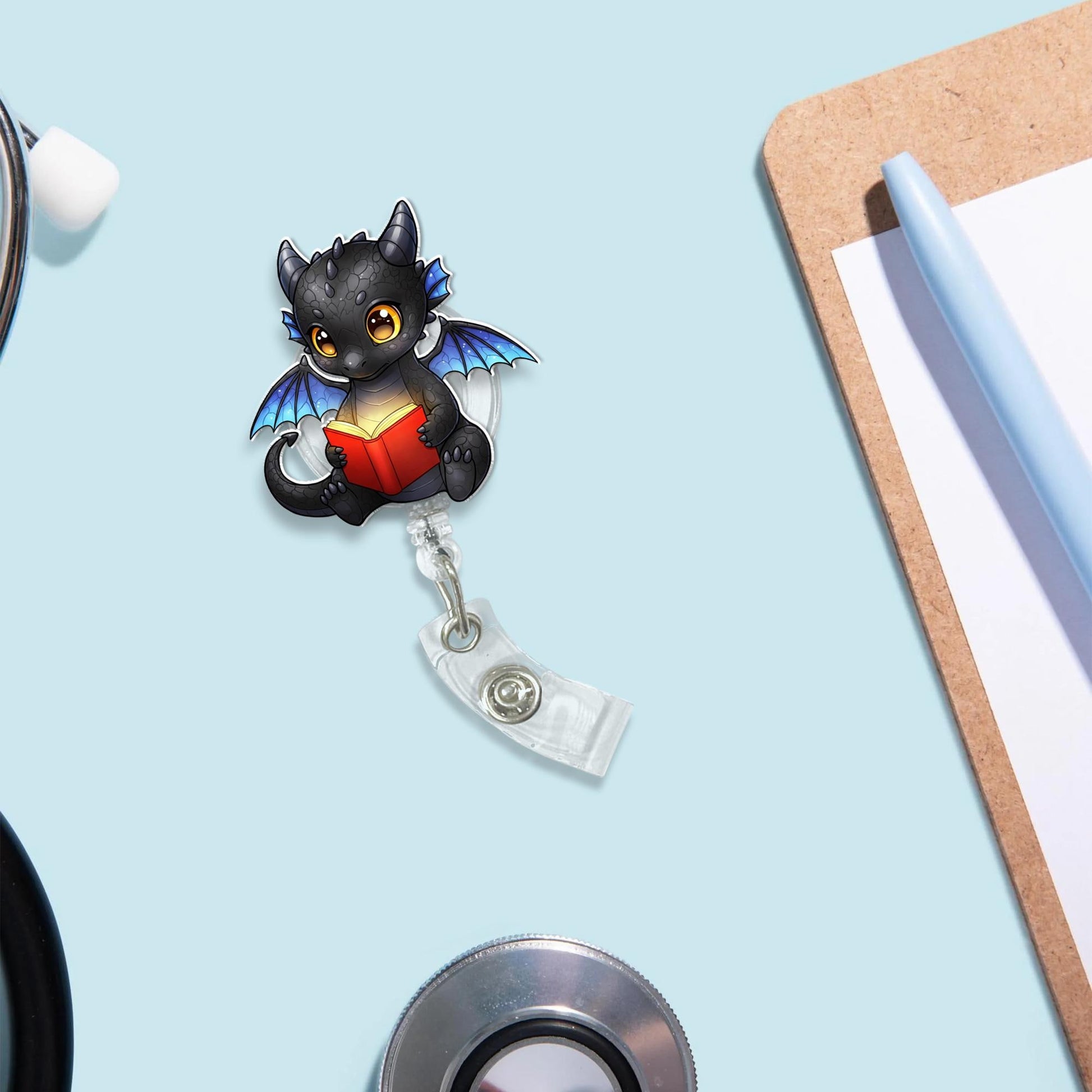 Fantasy Bookish Badge Reel, Dragon Book Badge Reel, Book Lover Gift, ID Holder, Badge Clip for Reader, Fantasy Dragon Badge Reel gift