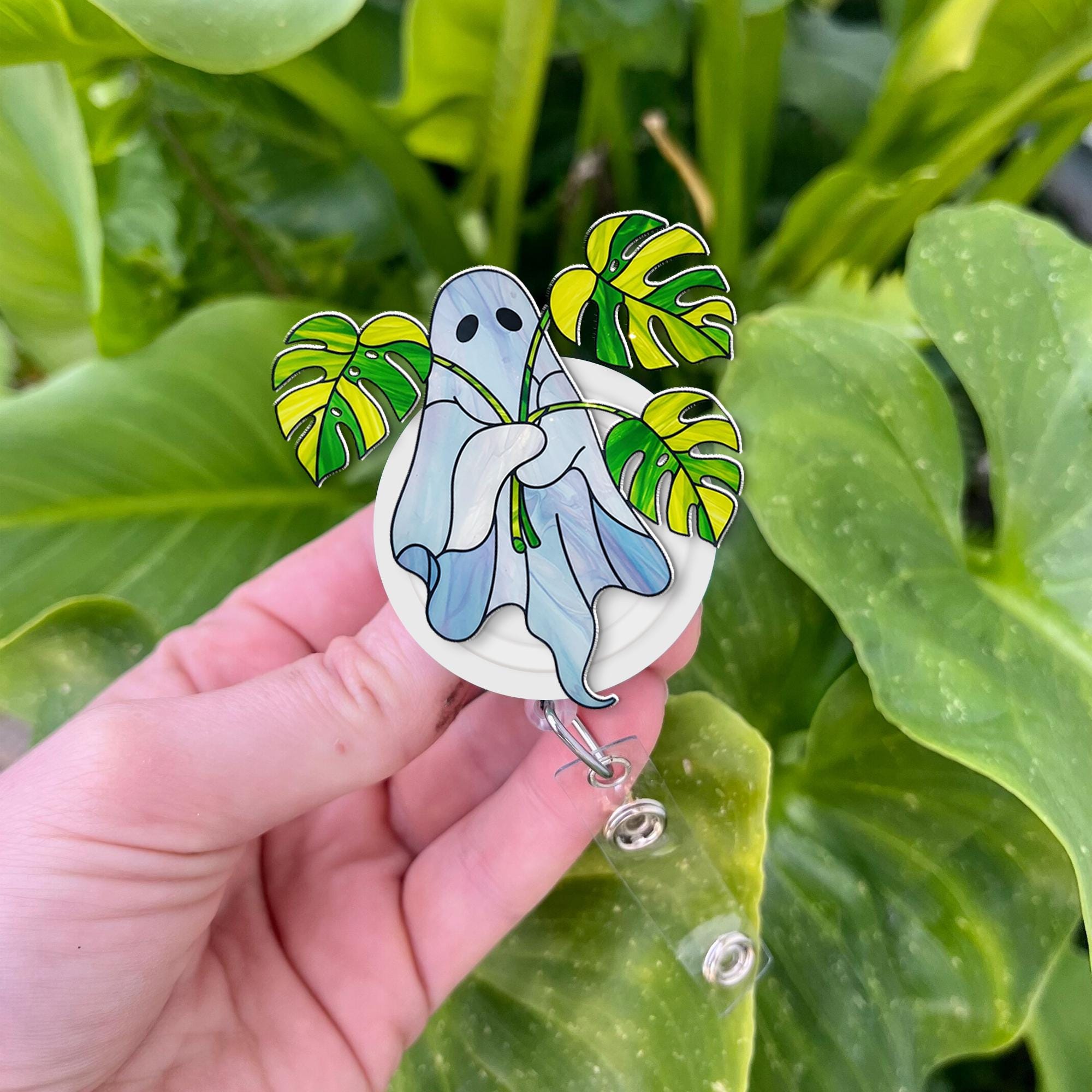 Monstera Plant Ghost Badeg Reel, Funy Ghost Badge, RN Id Holder Gift, Nurse Badge Reel, Nurse Gift, Plant LOver Gift, Gift For Mom