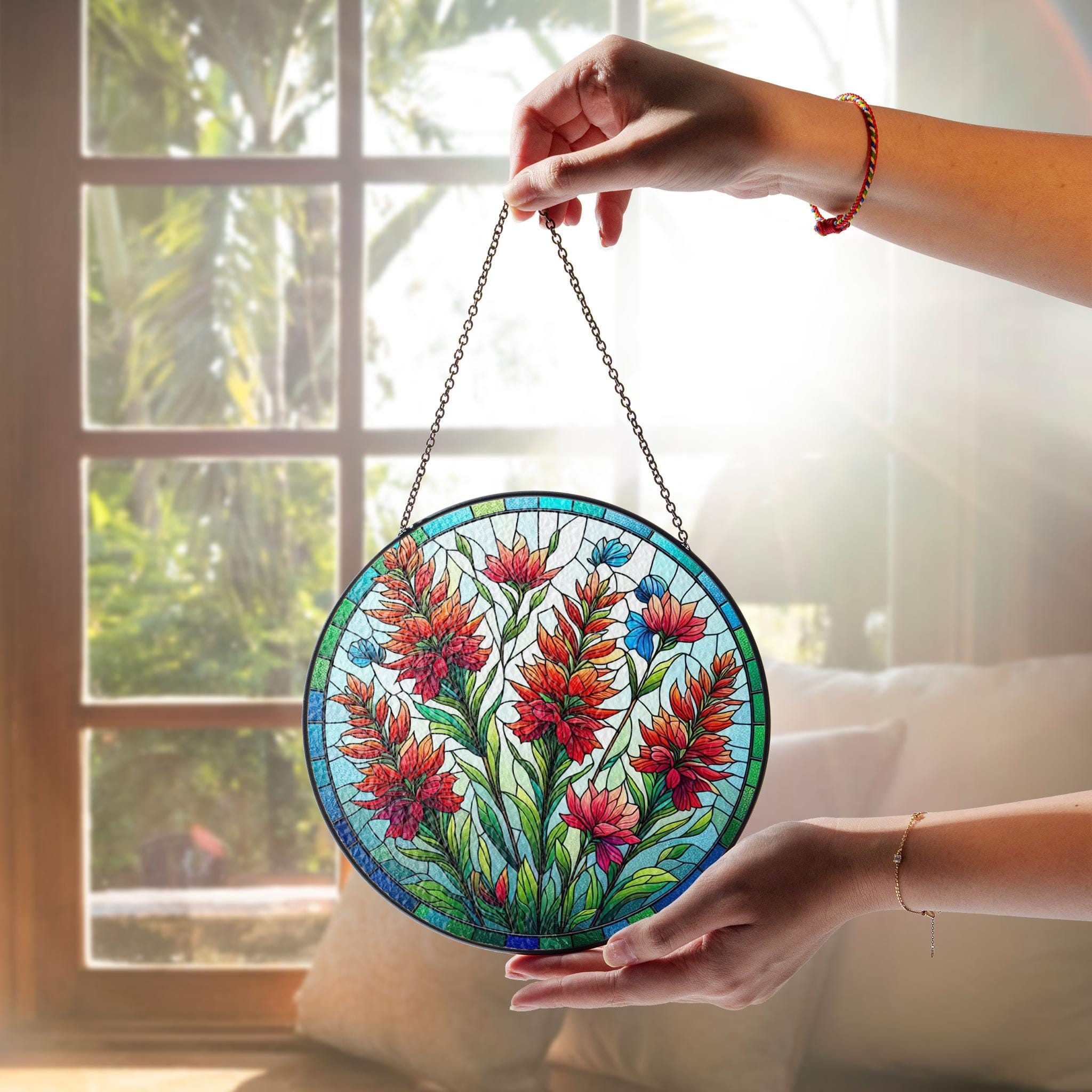 Wyoming State of flower glass suncatcher, Elegant Kitchen Decor Ornament, Ideal Mother's Day 2025 Gift, Indian Paintbrush glass hanging