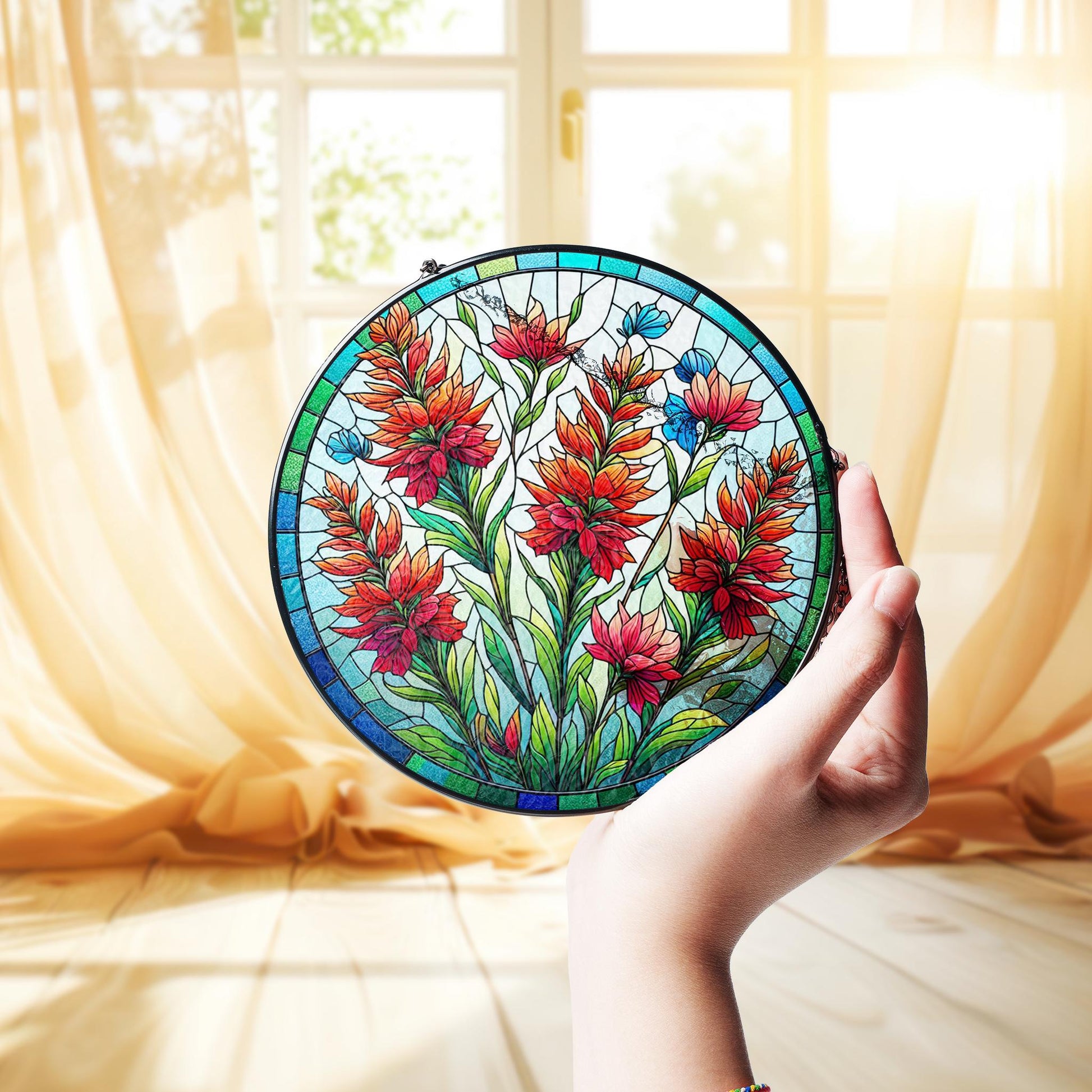 Wyoming State of flower glass suncatcher, Elegant Kitchen Decor Ornament, Ideal Mother's Day 2025 Gift, Indian Paintbrush glass hanging