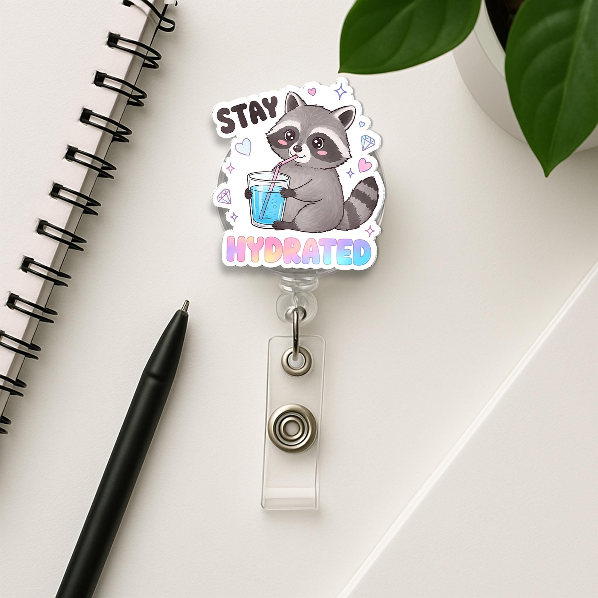 Kawaii Raccoon Badge Reel, Stay Hydrated Y2K ID Holder Clip, Cute Nurse Badge, Funny Office Gift, Pastel Aesthetic Accessory