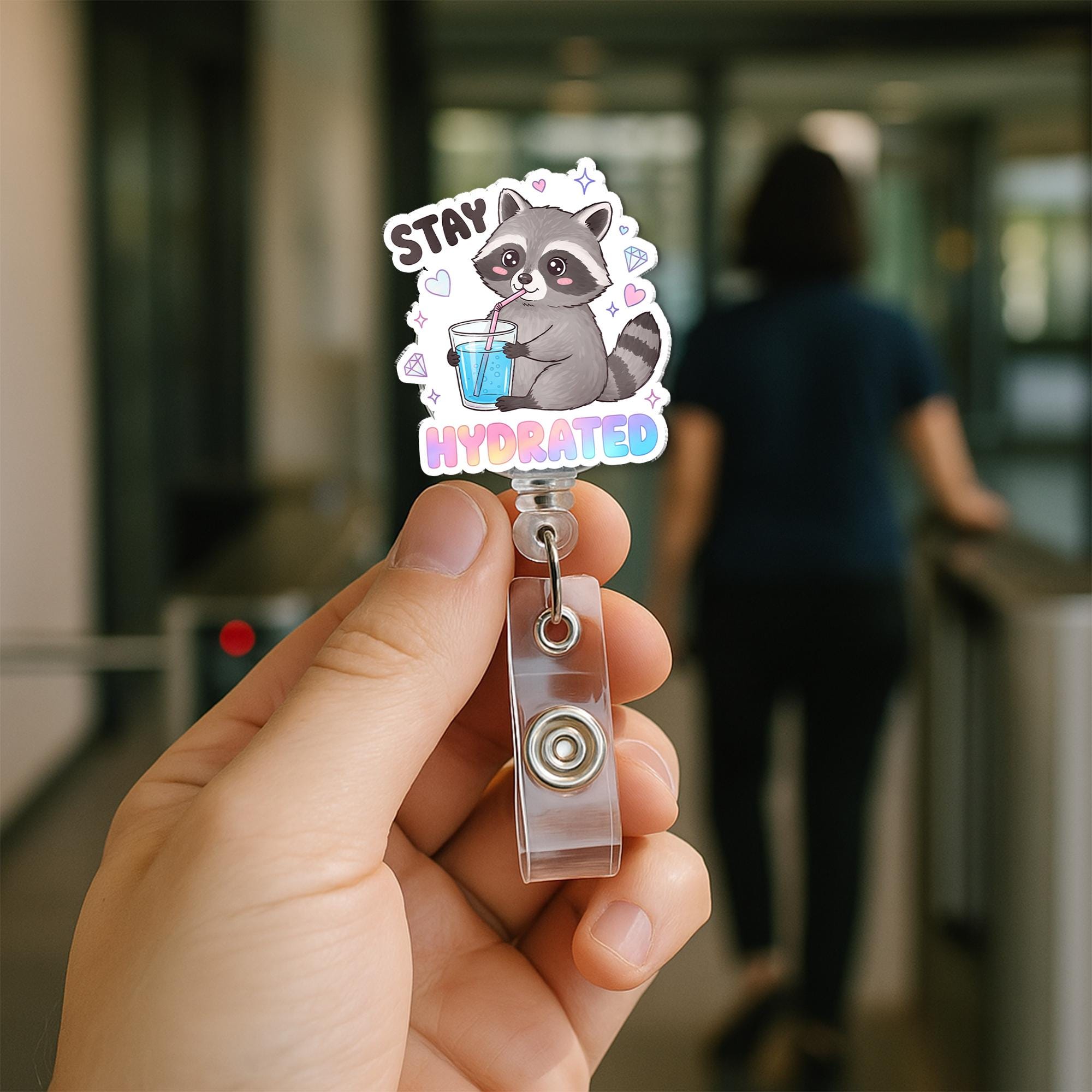 Kawaii Raccoon Badge Reel, Stay Hydrated Y2K ID Holder Clip, Cute Nurse Badge, Funny Office Gift, Pastel Aesthetic Accessory