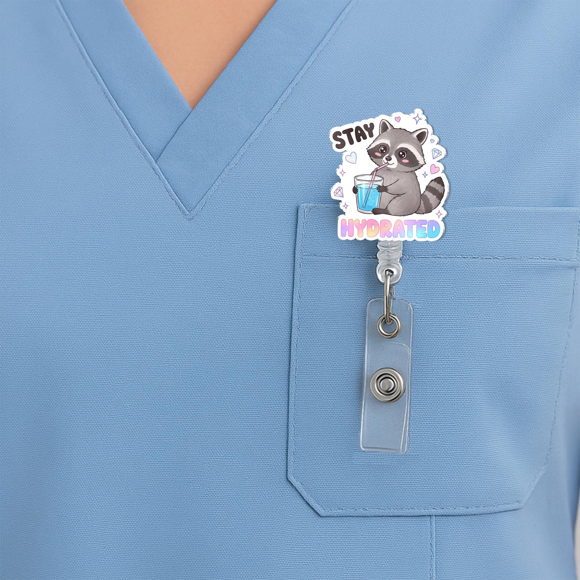 Kawaii Raccoon Badge Reel, Stay Hydrated Y2K ID Holder Clip, Cute Nurse Badge, Funny Office Gift, Pastel Aesthetic Accessory