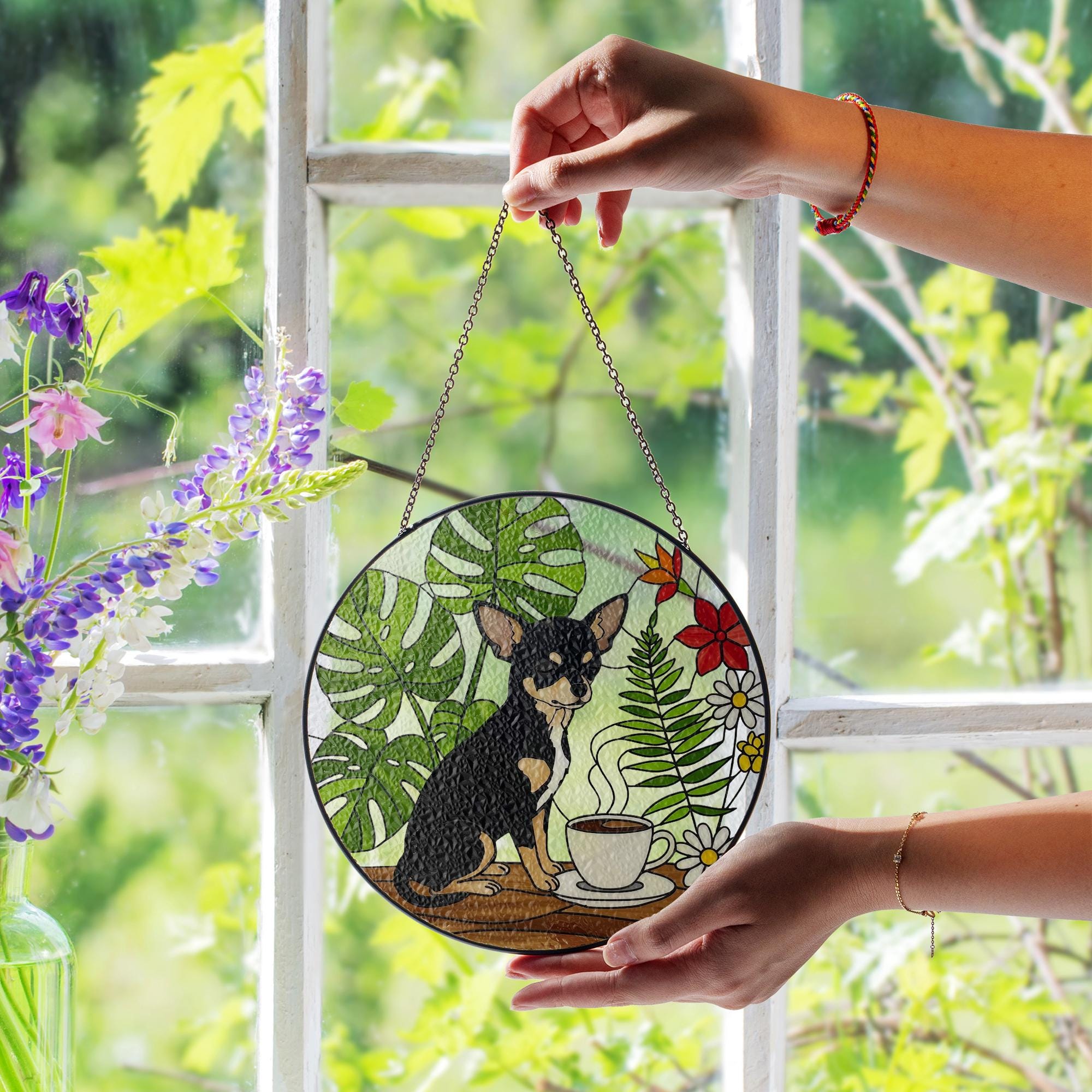 Chihuahua Mom Glass Suncatcher – Coffee & Plant Lover Gift – Mother's Day Window Decor for Pet Moms – Black and Tan chihuahua Art Ornament
