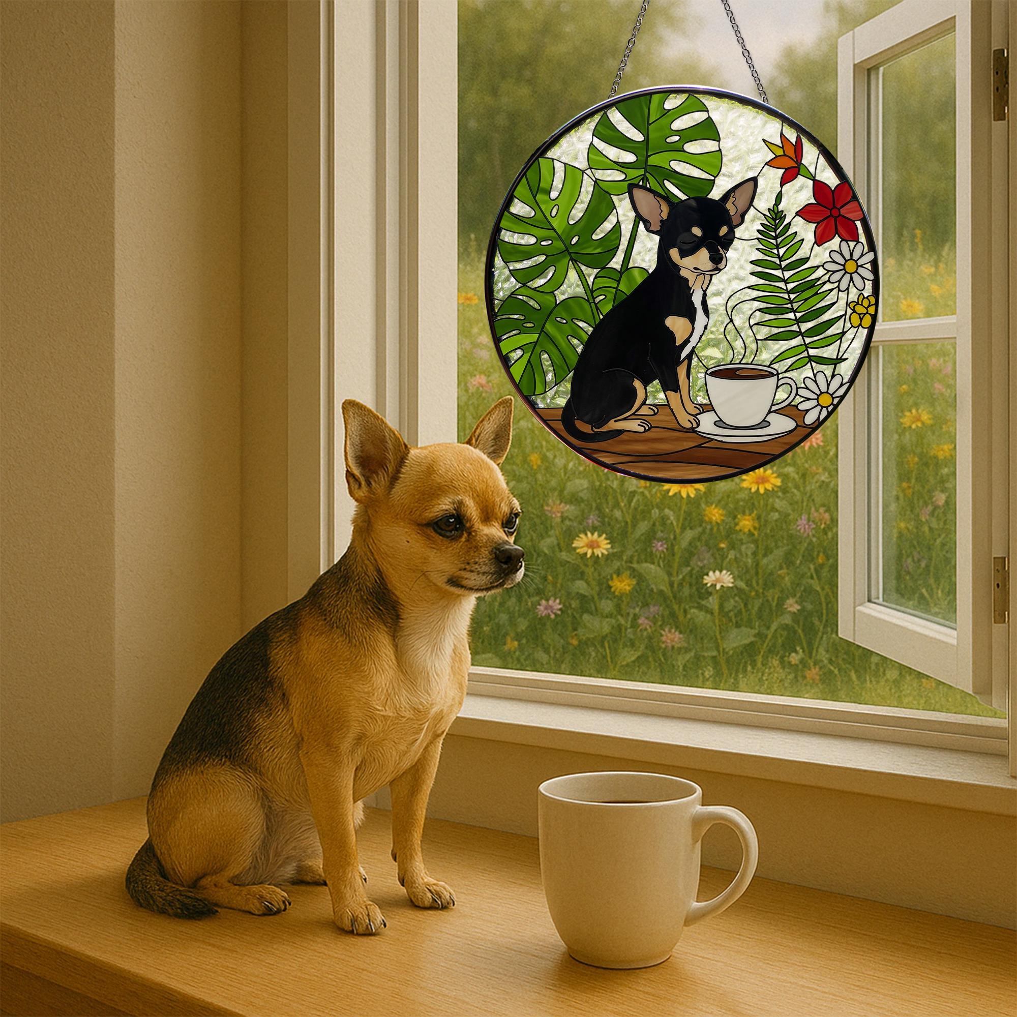 Chihuahua Mom Glass Suncatcher – Coffee & Plant Lover Gift – Mother's Day Window Decor for Pet Moms – Black and Tan chihuahua Art Ornament