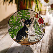 Chihuahua Mom Glass Suncatcher – Coffee & Plant Lover Gift – Mother's Day Window Decor for Pet Moms – Black and Tan chihuahua Art Ornament