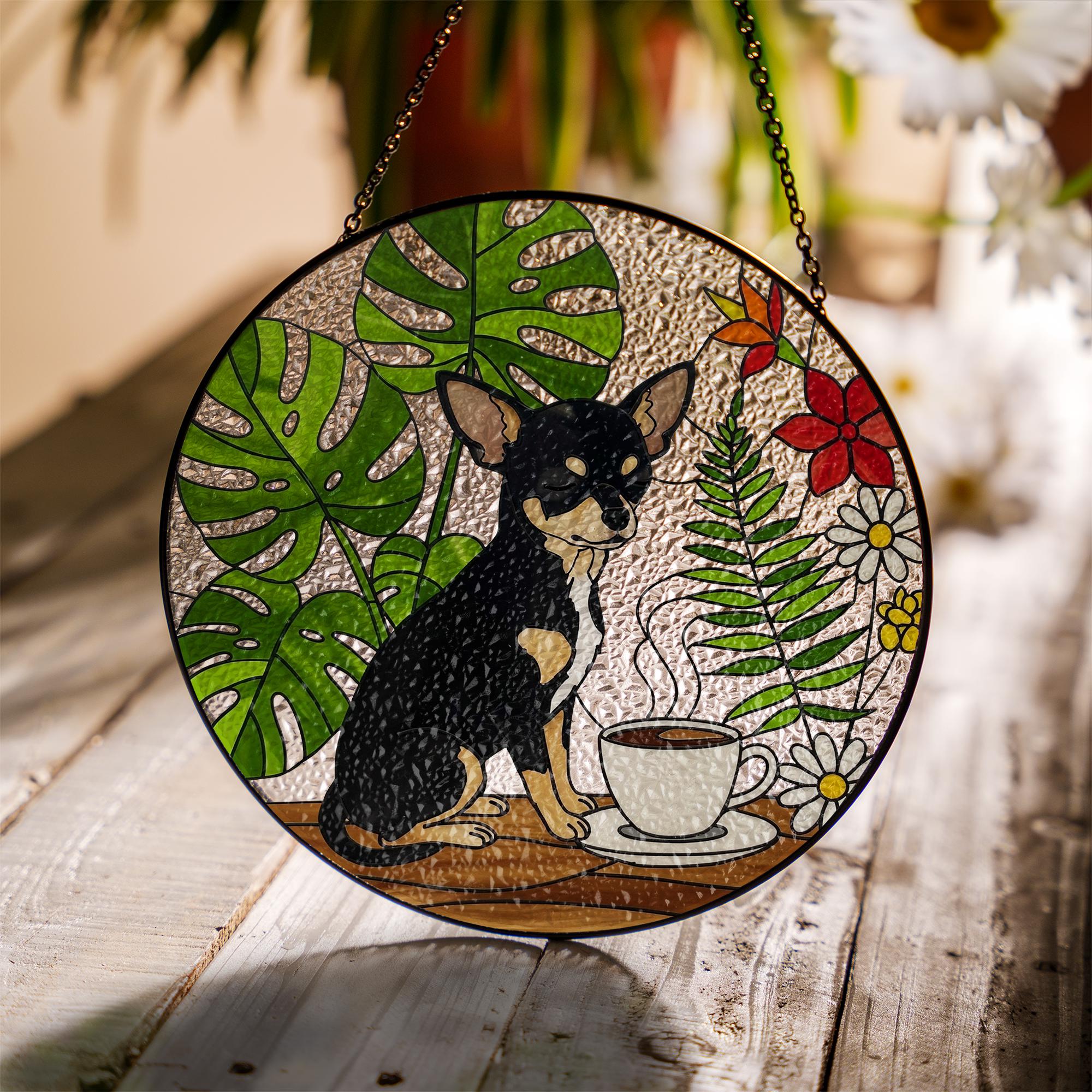 Chihuahua Mom Glass Suncatcher – Coffee & Plant Lover Gift – Mother's Day Window Decor for Pet Moms – Black and Tan chihuahua Art Ornament