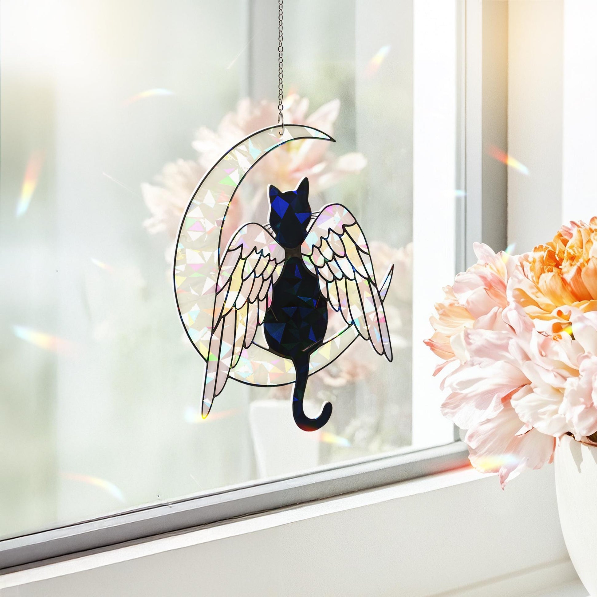 Black Cat Angel Holographic Acrylic Window Hanging, Cat Memorial Gift, Pet Loss Keepsake, Moon and Wings Decor, Cat Mom Gift,Cat Lover Decor