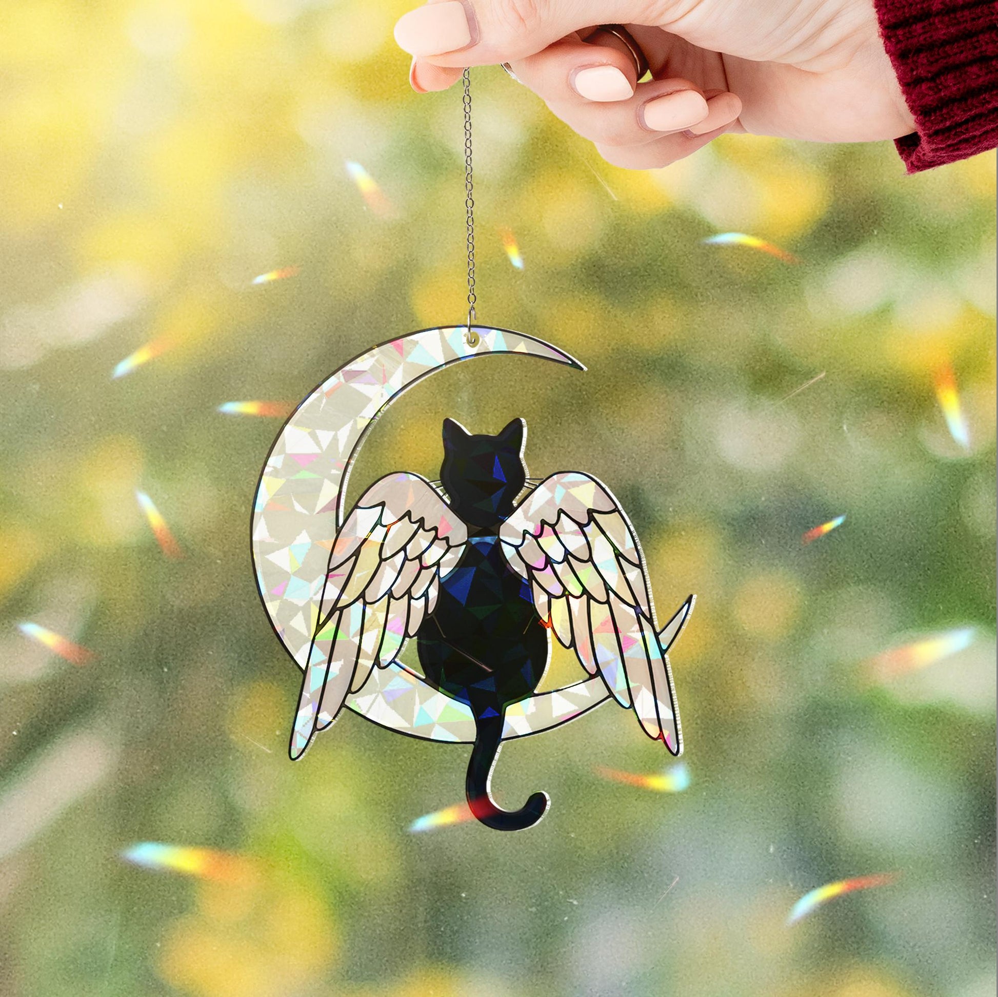 Black Cat Angel Holographic Acrylic Window Hanging, Cat Memorial Gift, Pet Loss Keepsake, Moon and Wings Decor, Cat Mom Gift,Cat Lover Decor