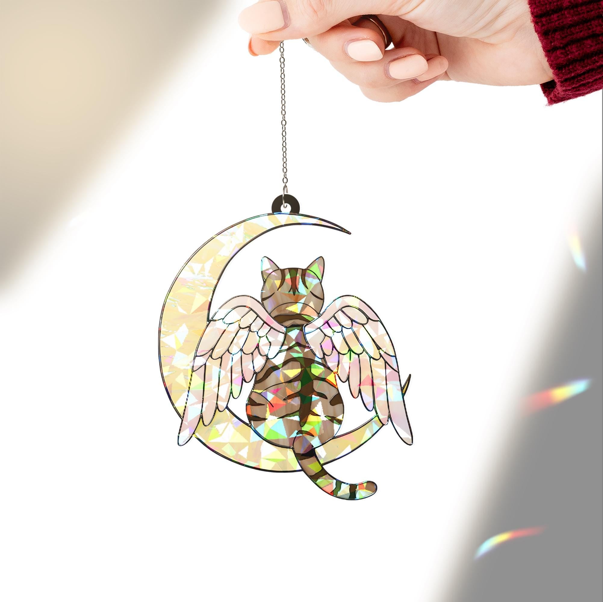 Tabby Cat Angel Decor, Holographic Acrylic Window Hanging, Cat Memorial Gift, Pet Loss Keepsake, Moon and Wings Suncatcher, Cat Mom Gift