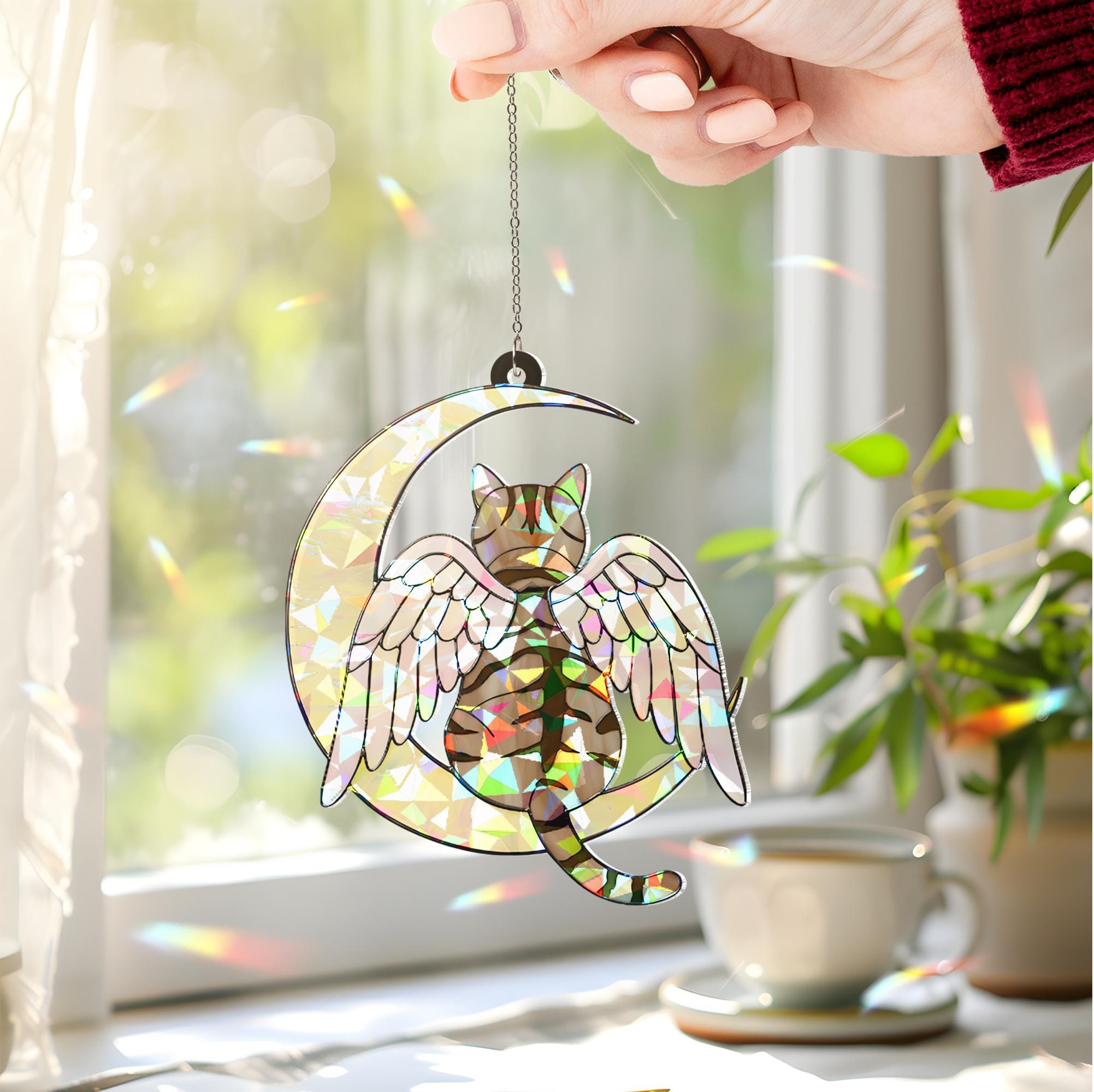 Tabby Cat Angel Decor, Holographic Acrylic Window Hanging, Cat Memorial Gift, Pet Loss Keepsake, Moon and Wings Suncatcher, Cat Mom Gift