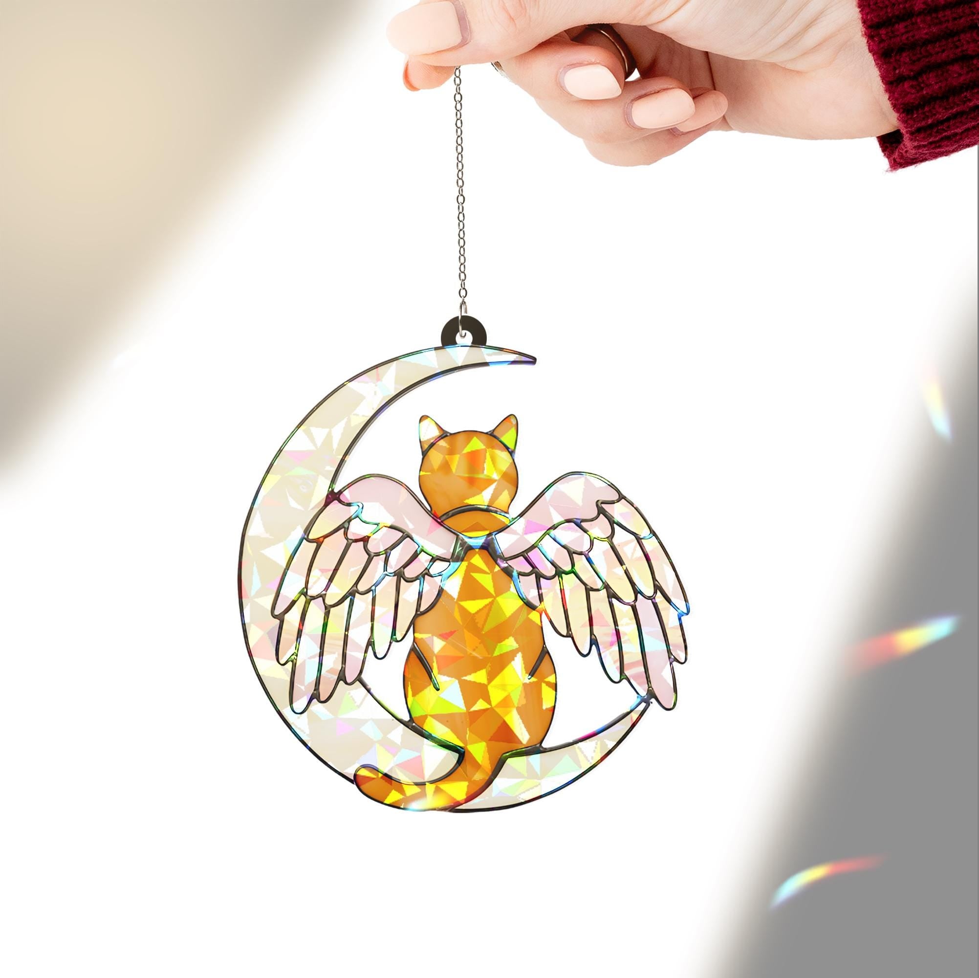 Orange Cat Angel Decor, Holographic Acrylic Window Hanging, Cat Memorial Gift, Pet Loss Ornament, Moon and Wings Suncatcher, Cat Mom Deocr