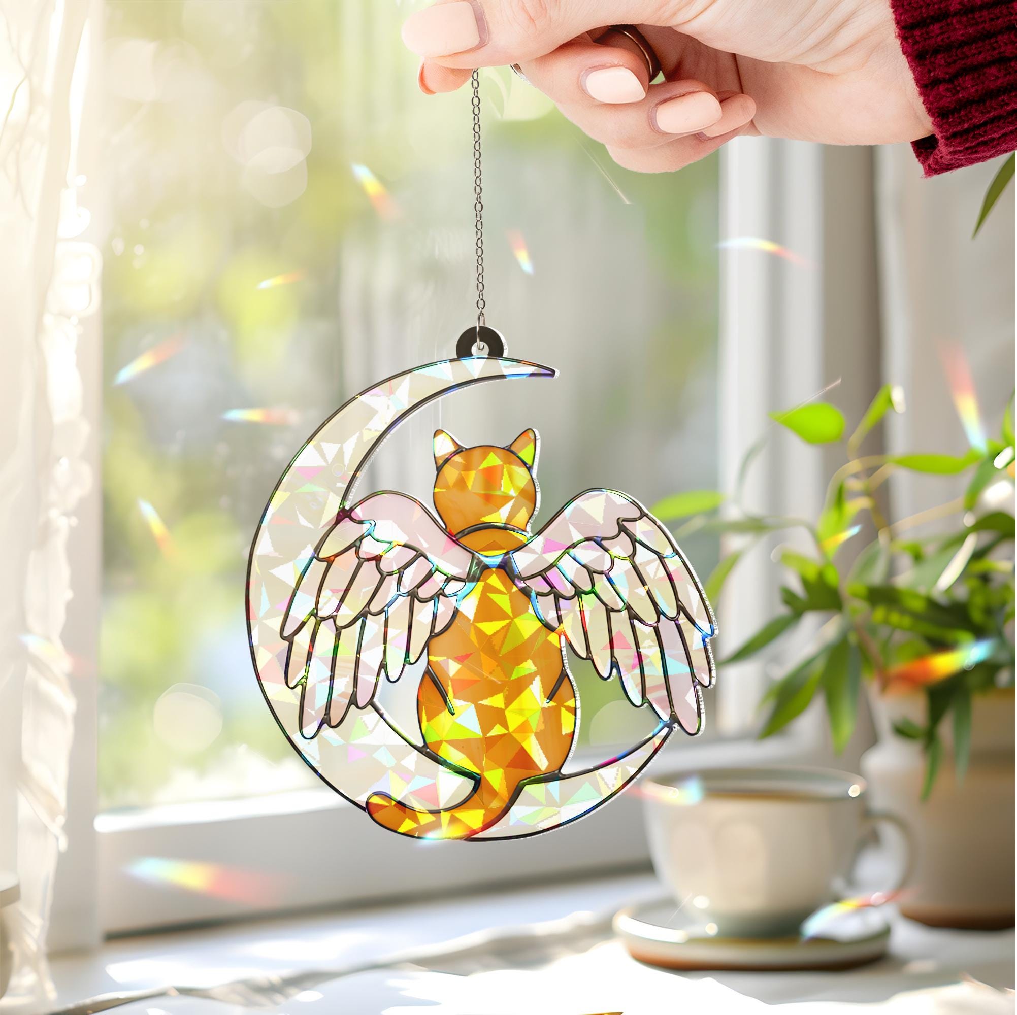 Orange Cat Angel Decor, Holographic Acrylic Window Hanging, Cat Memorial Gift, Pet Loss Ornament, Moon and Wings Suncatcher, Cat Mom Deocr