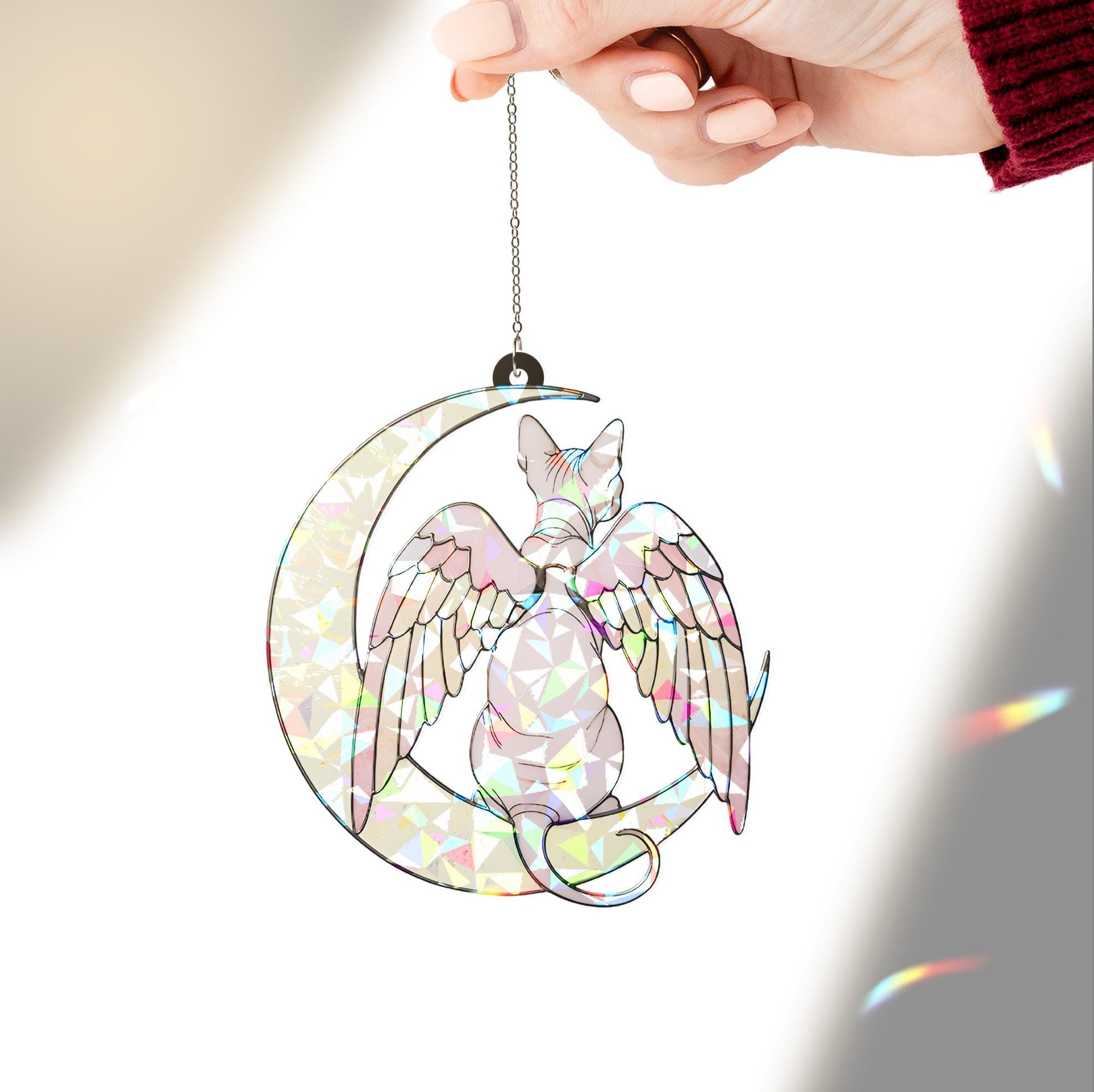 Sphynx Cat Angel Decor, Holographic Acrylic Window Hanging, Cat Memorial Gift, Pet Loss Keepsake, Moon and Wings Ornament, Sphynx Mom Gift