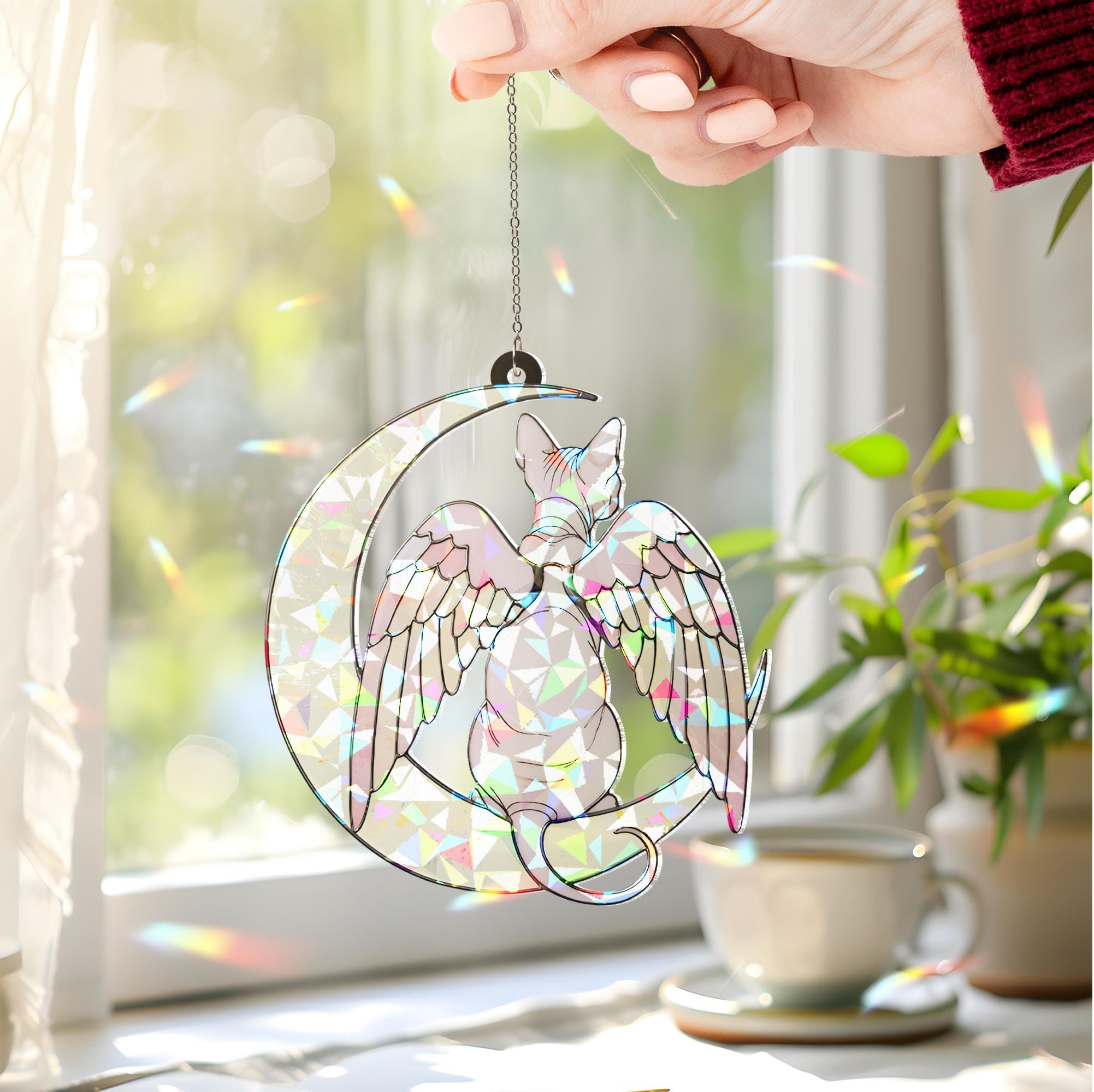 Sphynx Cat Angel Decor, Holographic Acrylic Window Hanging, Cat Memorial Gift, Pet Loss Keepsake, Moon and Wings Ornament, Sphynx Mom Gift